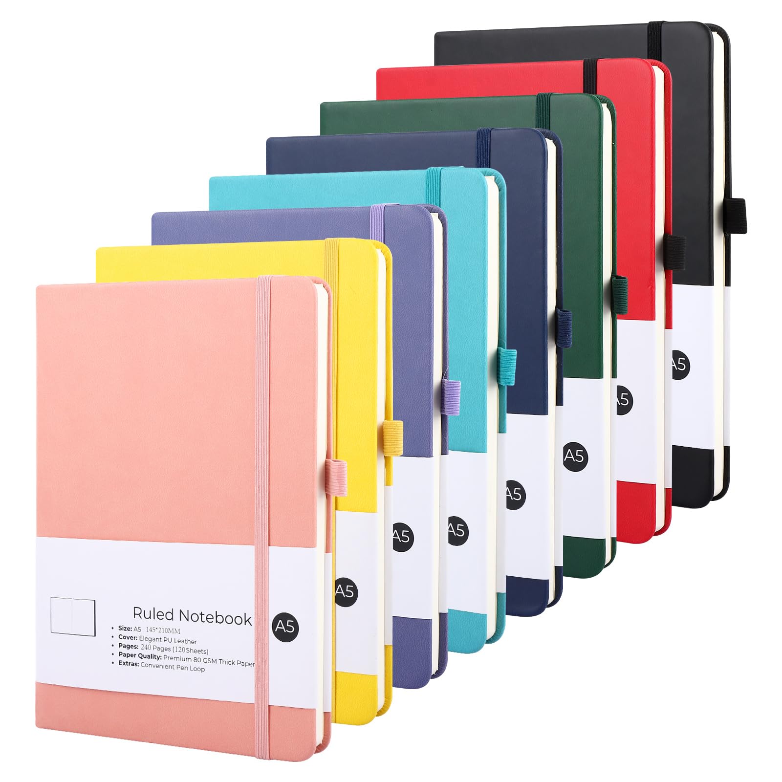 YOUNTHYE 8 Pack A5 Notebook, 80 gsm PU Leather Lined Journal Notebook A5 Notepad Hardback with Bookmark, Pen Loop, 240 Pages, for Office School Home Business Writing