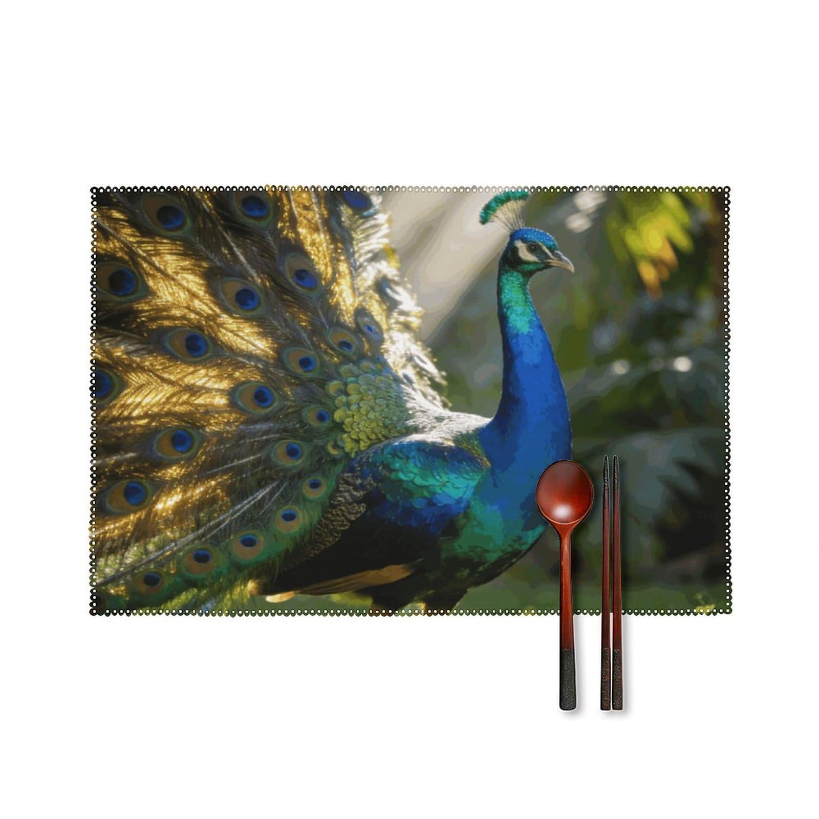 Peacock Placemats Set of 6, 12x18 Inch Heat Resistant Washable Canvas Table Mats, Stain Resistant Decorative Dining Placemats for Kitchen, Restaurant, Outdoor Party