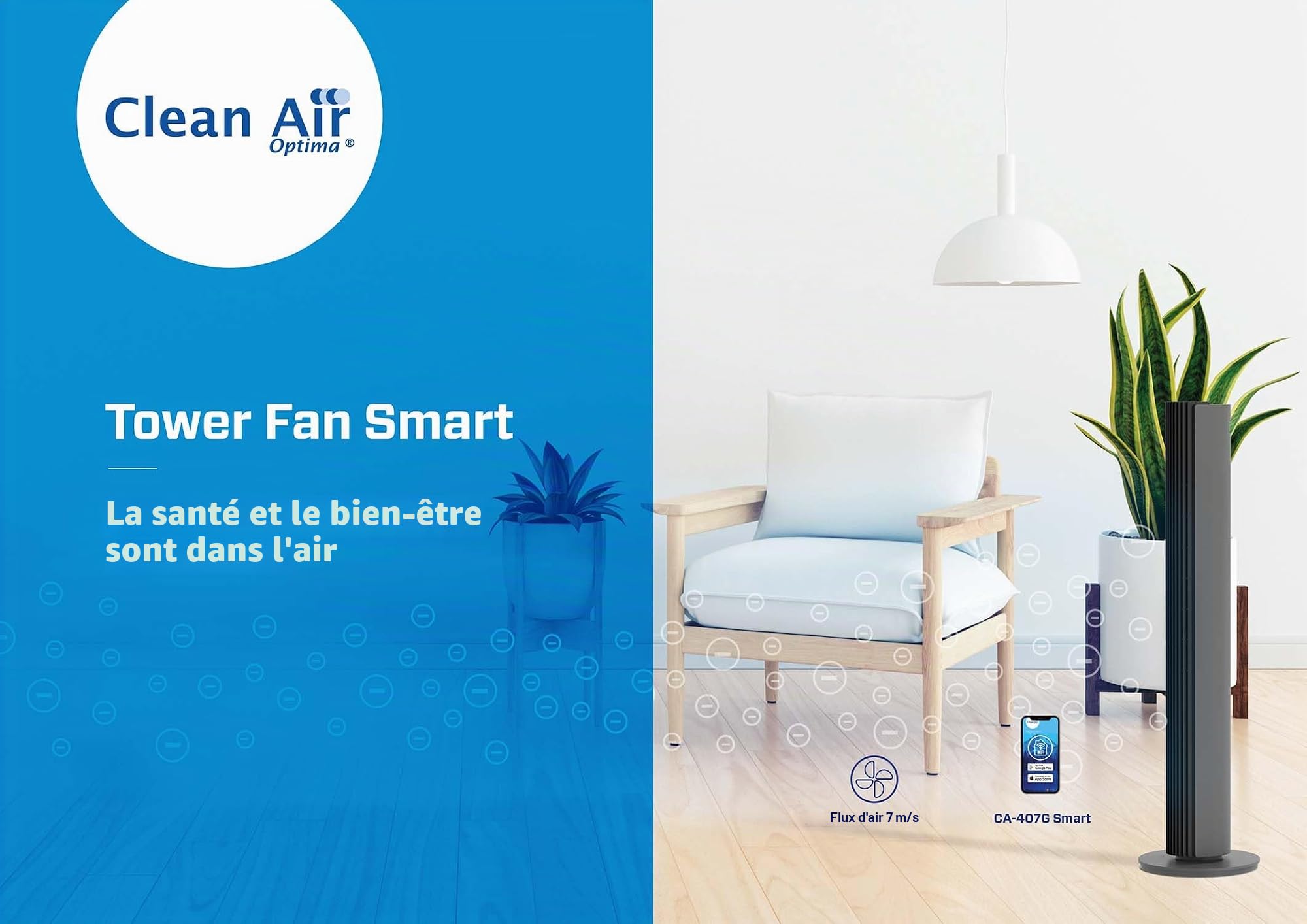 Clean Air Optima CA-407G Smart - Ventilateur tour de luxe - Débit d'air jusqu'à 500m³/h - Oscillation 90º - Filtre anti-poussière pour un air pur et frais - Commande smartphone