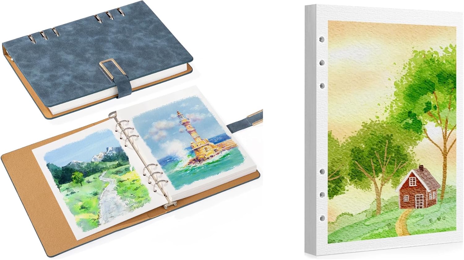 Prudiut Watercolor Sketchbook with Refill Watercolor Paper, 140 lb/300 GSM Watercolor Journal Cold Press Watercolor Paper Watercolor Notebook for Painting, Drawing, Mixed Media(Blue)