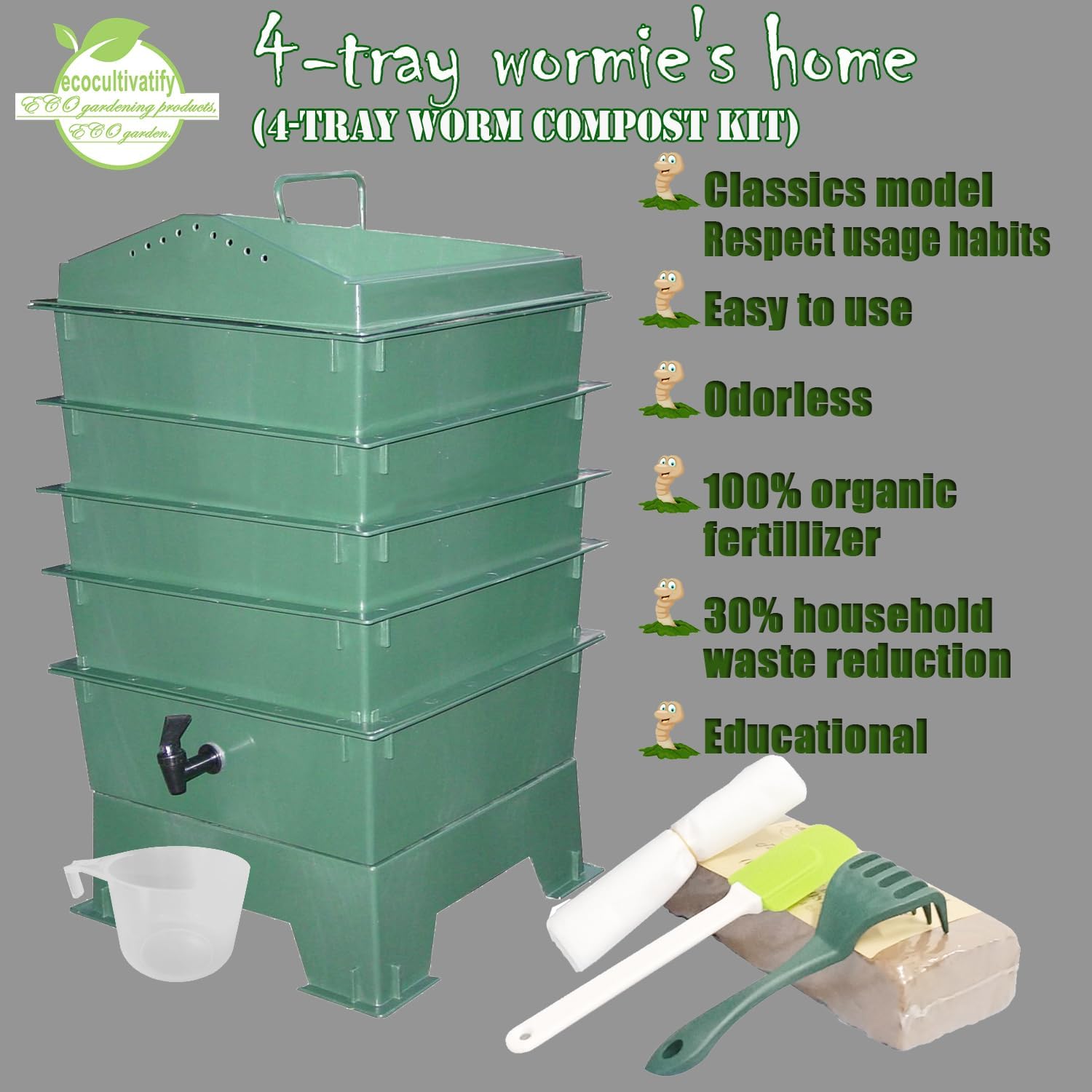 4-Tray Worm Compost Bin, Worm Composter for Outdoor & Indoor, ecocultivatify Wormie's Home, Worm Bin Set for Recycling Household Waste (Dark Green)