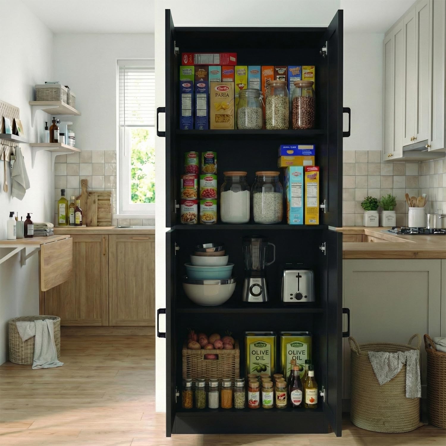 71" Tall Kitchen Pantry Cabinet, Freestanding Food Storage Organizer with Doors & Adjustable Shelves, Large Utility Hutch Cupboard for Dining Room, Living Room, Bathroom & Home Offic, Black