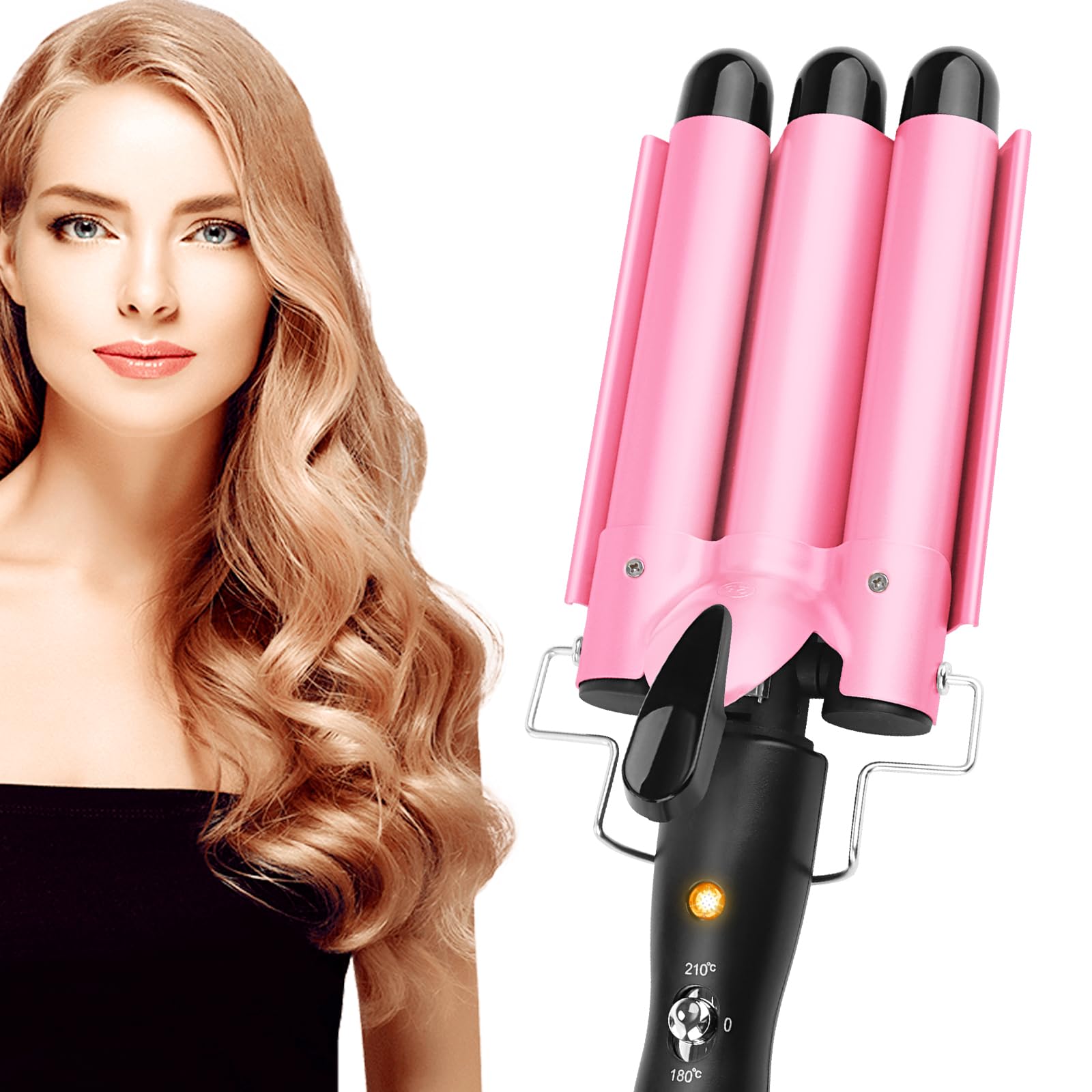 Plancha ondulada para cabello, rizador con 3 barriles con temperatura ajustable, rizador de pelo ondulado de 25 mm, calentamiento rápido, onda grande para largo y corto, herramienta de peinado para el