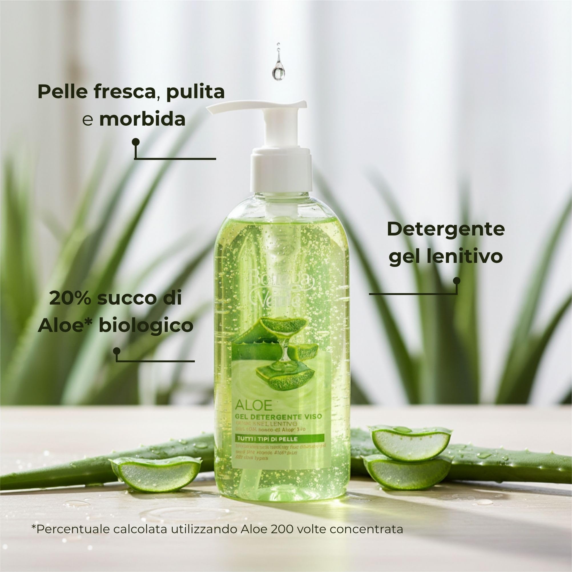 Bottega Verde - Aloe, Gel Detergente Viso, 200 ml, Idratante e Lenitivo con 20% di Succo di Aloe Bio, Detersione Delicata per Tutti i Tipi di Pelle, Formula Fresca e Naturale