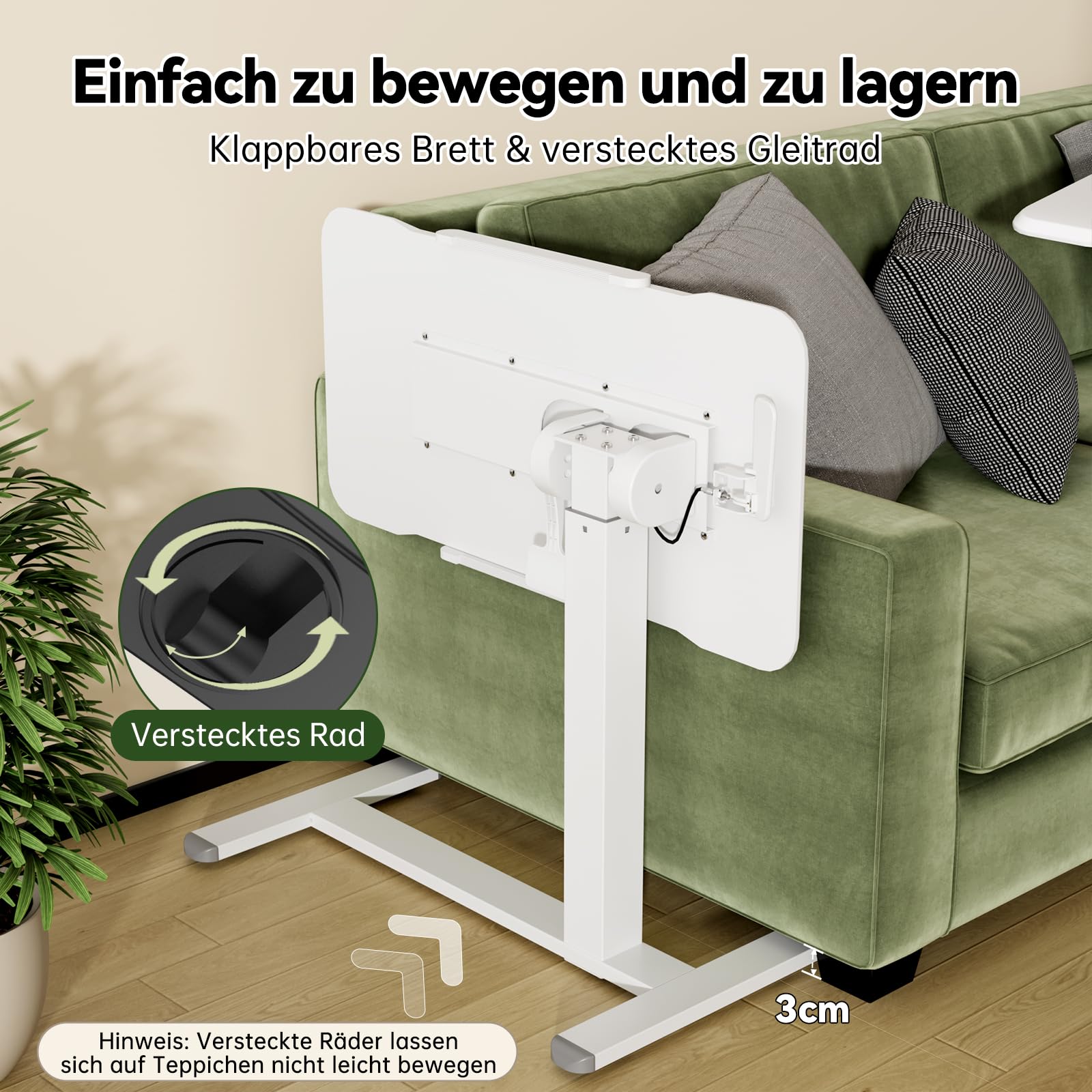 Gibbon Mounts 180° klappbarer höhenverstellbarer Beistelltisch mit Rollen | Weißer C-förmiger Laptoptisch m. 4 feststellbaren Rädern, beidseits klappbare Tischplatte, perfekt Beistelltisch & Couchtisch