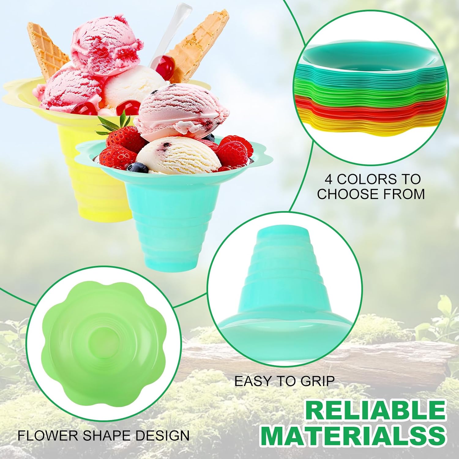 200 Pack 8 Oz Colorful Snow Cone Cups with Spoons, Flower Shaped Ice Drip Cups, Plastic Snack Ice Cream Bowls for Birthday Party Summer Beach Cookout Food Service
