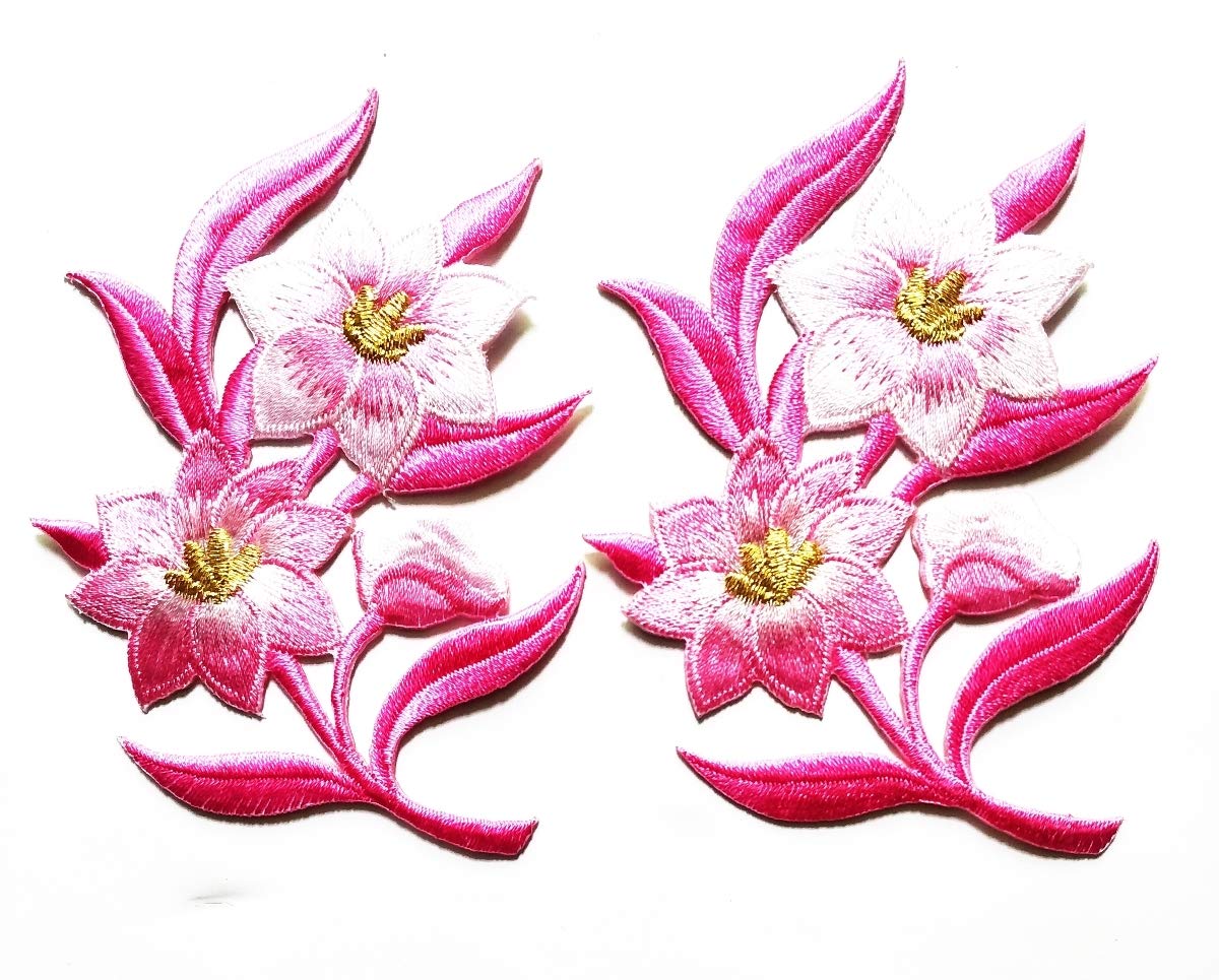 Pink Roses Pair Flowers Floral Bouquet Mother's Day Flower Symbols Embroidery Applique Patch Beautiful Flowers Patch for Bags Jackets Jeans Clothes or Gift (Pink Jasmine Flowers)