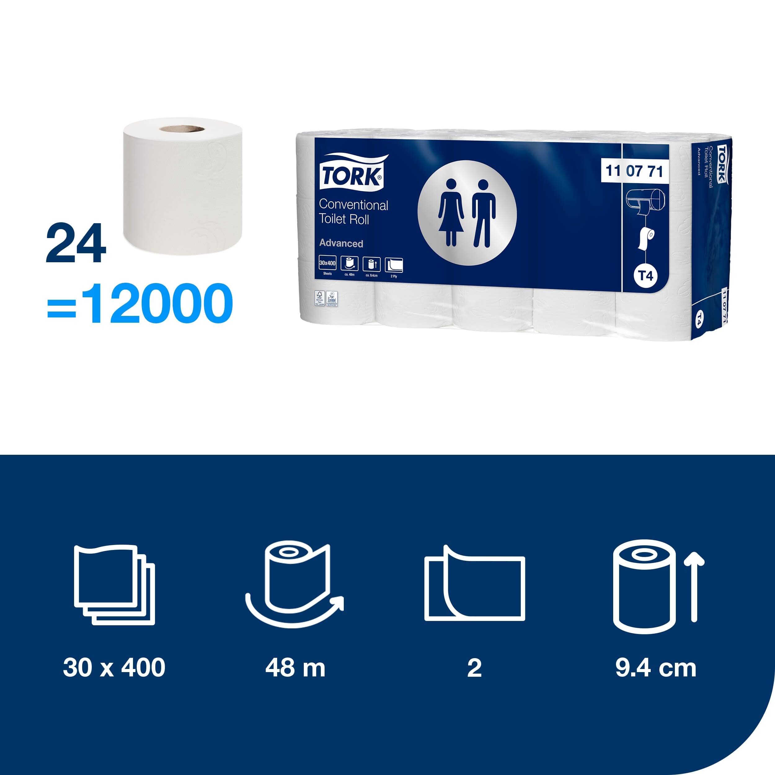 Tork 110771 Rollos de papel higiénico Advanced compatibles con el sistema higiénico de rollos pequeños Tork T4, 30 rollos (30 x 400 hojas)