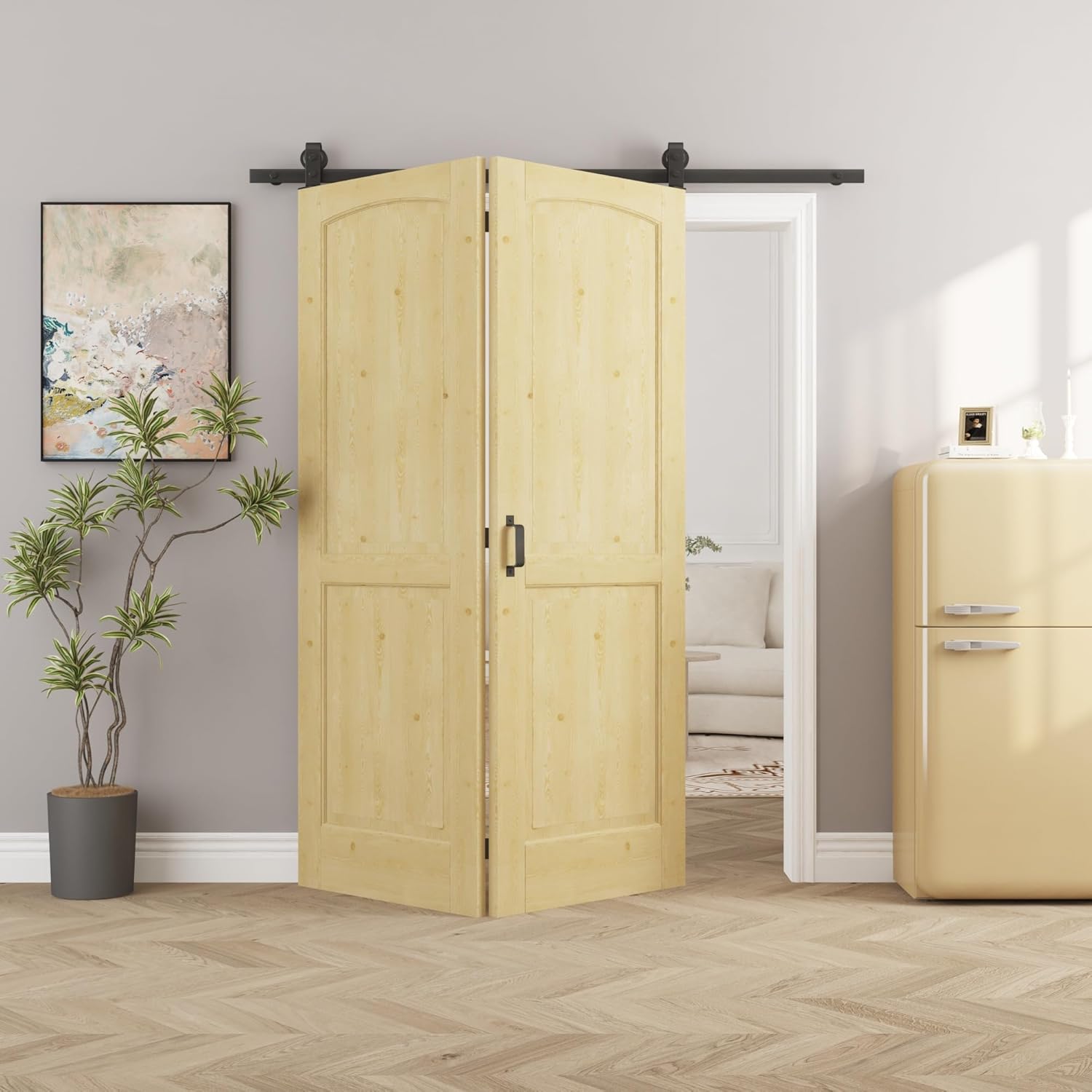 48" x 80" Pre-Assambled Bifold Barn Door with 64" Track Hardware Kit Included, Pine Wood 2 Panels Bi Fold Barn Doors, Sliding Closet Door with Excellent Sound Insolution, Easy to Clean, Energy Saving