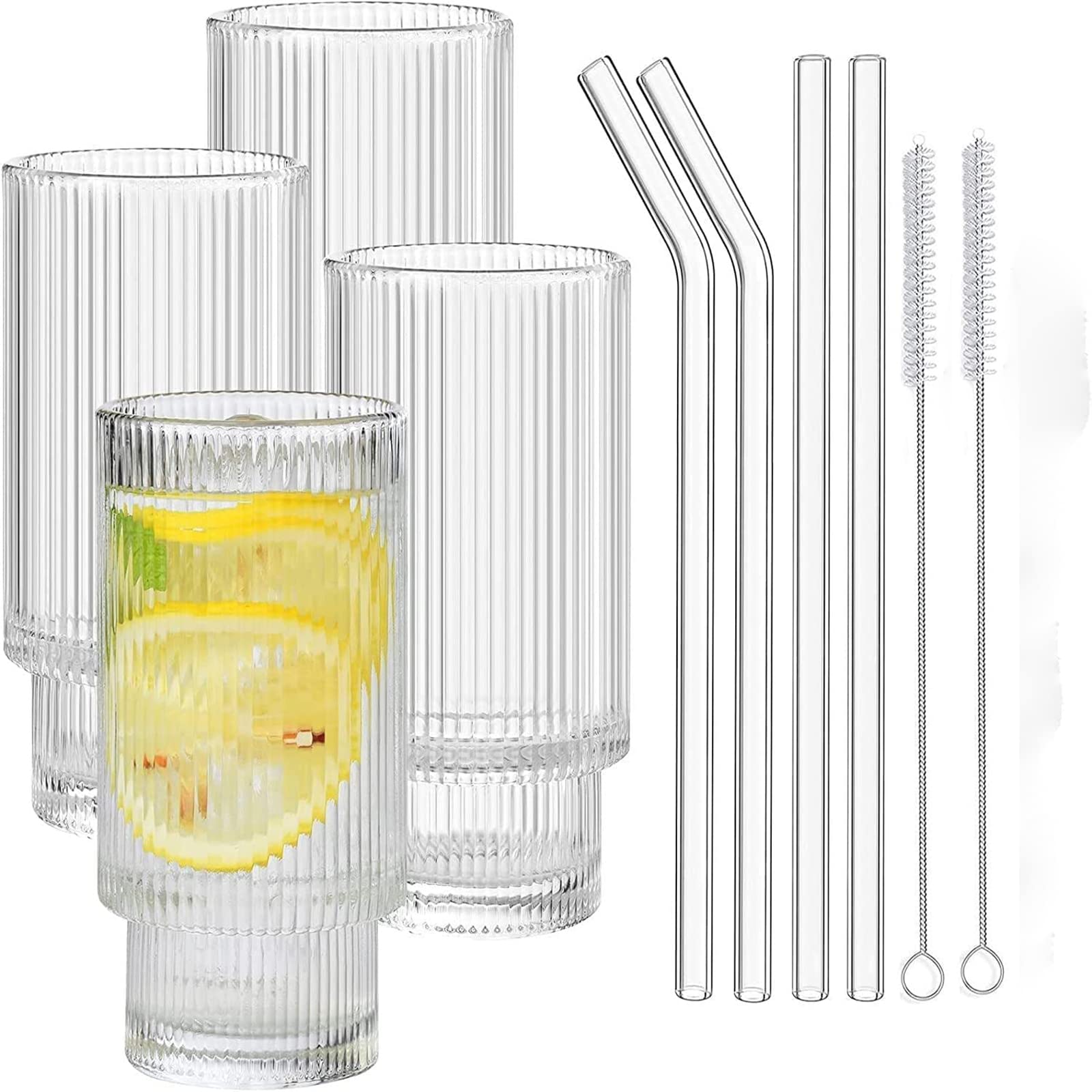 jaffiust Ribbed Glassware Drinking Glasses with Straws Set of 4, Vintage Fluted Glassware Iced Coffee Cups, Origami Style Ridged Glass Tumbler for Coocktail, Whiskey, Beer, Water- 2 Cleaning Brush