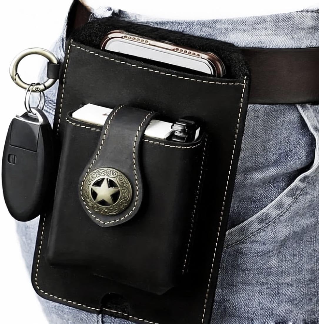Functional Phone & Cigarette Genuine Leather Case with Belt Clip Case, Metal Clasp Cigarette Case Crazy Horse Leather Cigarette Case for Men Holster Lighter Holder Black