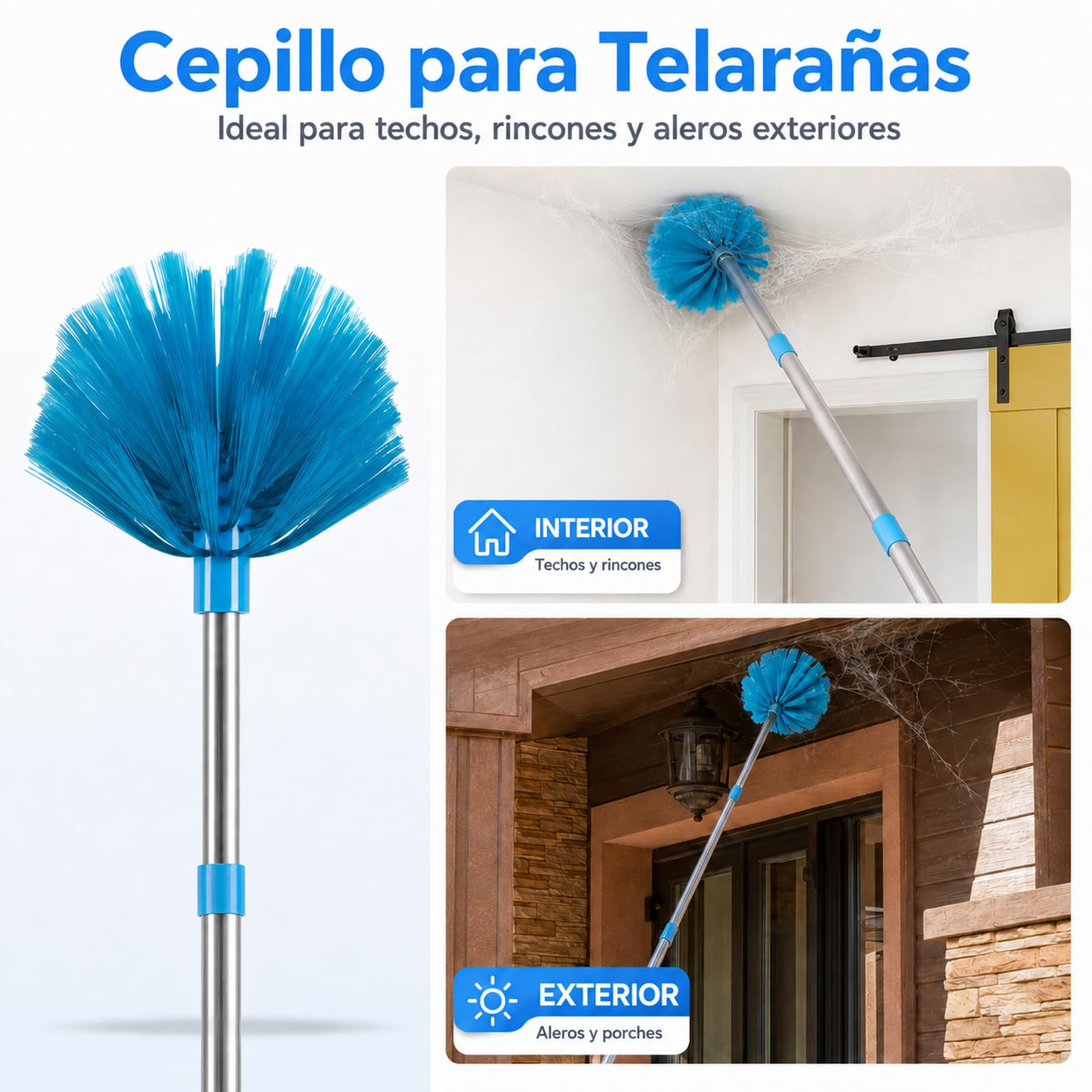 Terafeels Plumero telescópico largo de 310 cm, lavable, con 1 escoba de esquina flexible y 1 removedor de telarañas para limpieza debajo del sofá, muebles, ventilador de techo, telarañas (azul)