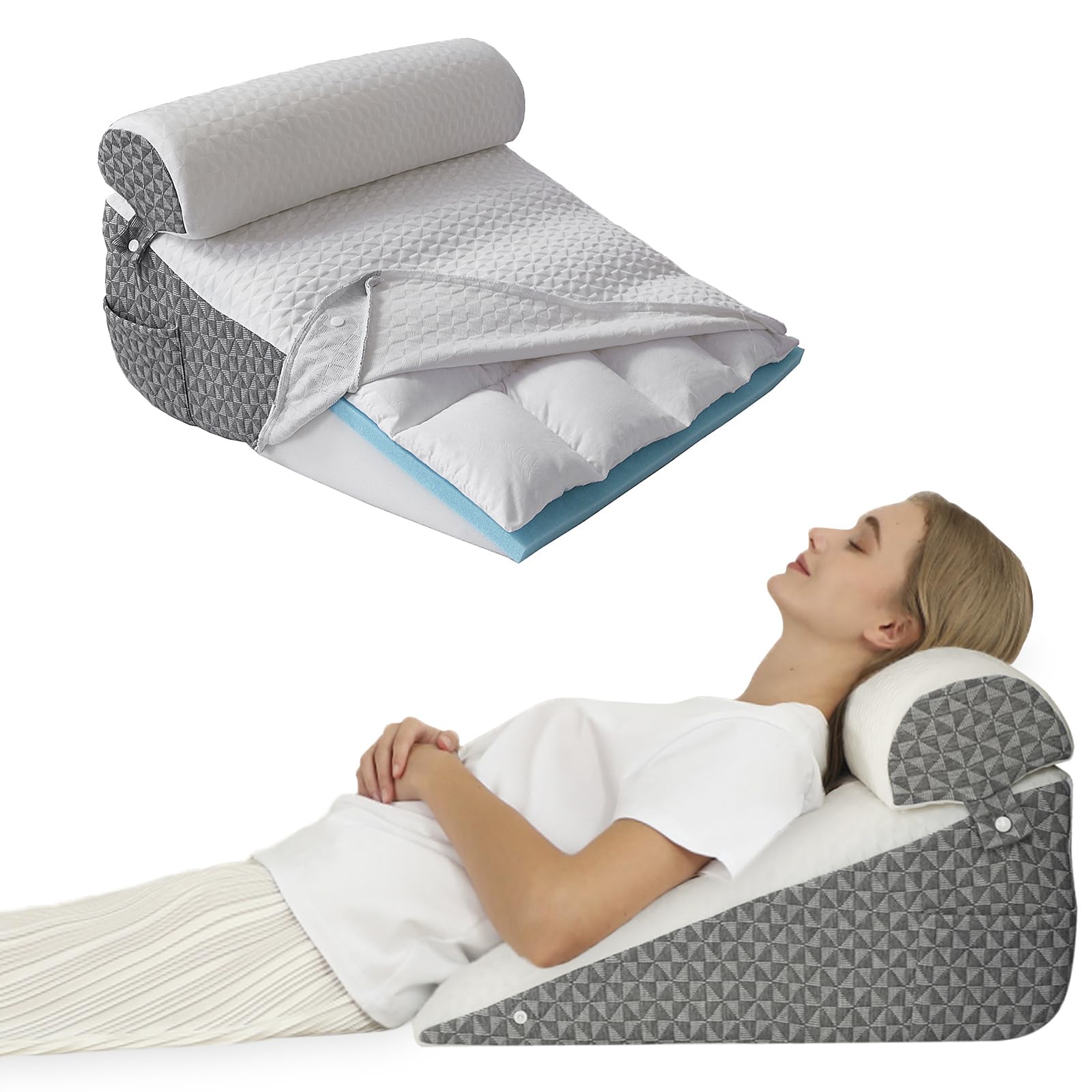 AllSett Health Set di 4 cuscini a cuneo ortopedici per dormire, con memory foam, sistema di sollievo multi angolo per schiena, collo, spalle e gambe, fodera lavabile in lavatrice