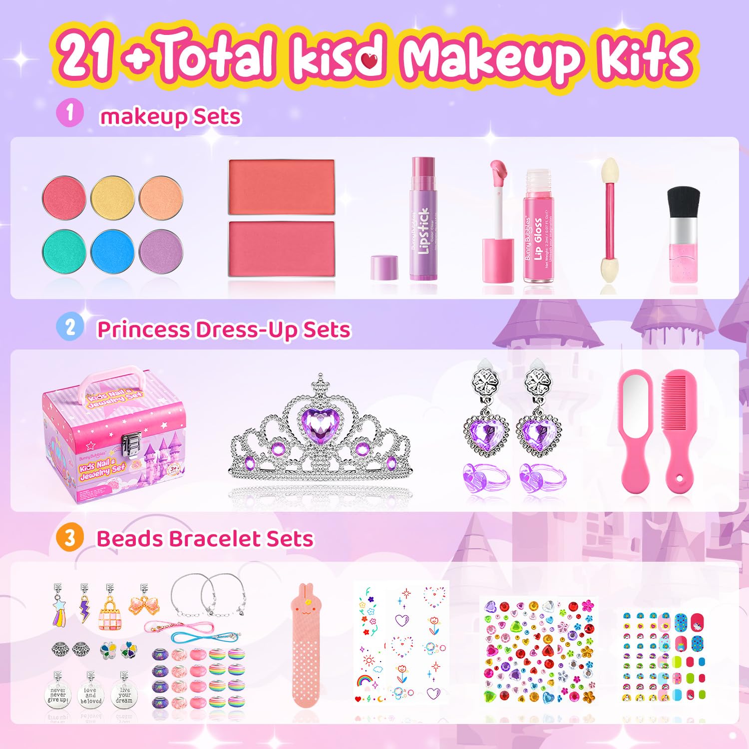 Kids Makeup Kit for Girls, Real Washable Cosmetic Set with Mirror, Jewelry Bracelet Making Kit for Kids Makeup Toy, Kids Makeup Sets for Girls 4 5 6 7 8 9 10 11 12 Years Old Kid (Purple)