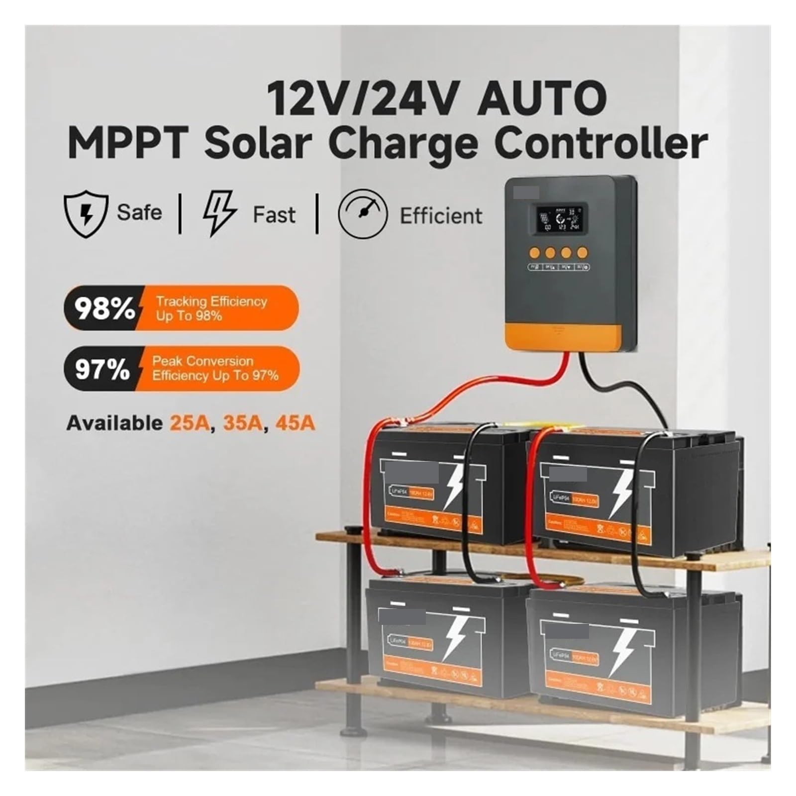 Kontroler ładowania słonecznego, MPPT 25A 35A 45A Regulator Ładowania Słonecznego 12V 24V Automatyczna Kompatybilność I Ochrona Wielu Baterii Max PV 100V Dla Domu(25A)