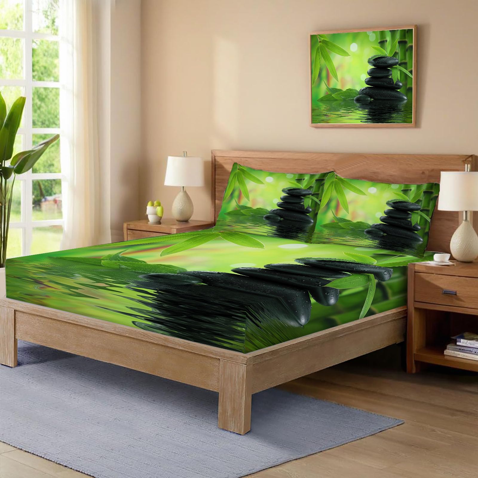 Sábana Ajustable Suave Plantas Naturales Guijarros Negros Bambú Impresión, Verde Microfibra Suave Transpirable Sábana Ajustable, 180x200cm Elástico en el Borde Bolsillo Profundo 30cm