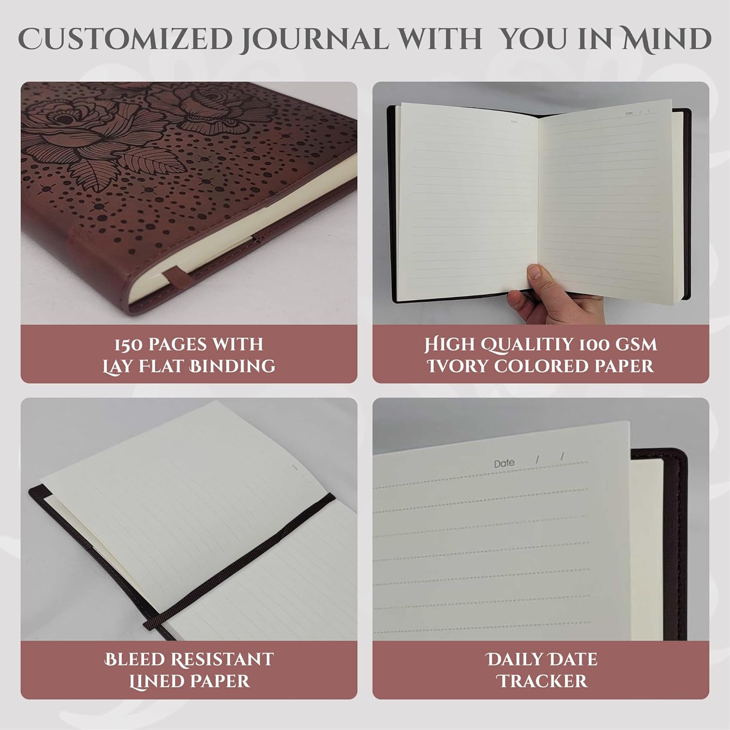 Rose Leather Journal | Refillable Laser Engraved Journal for Women | Vegan Leather Flower Journal with Roses