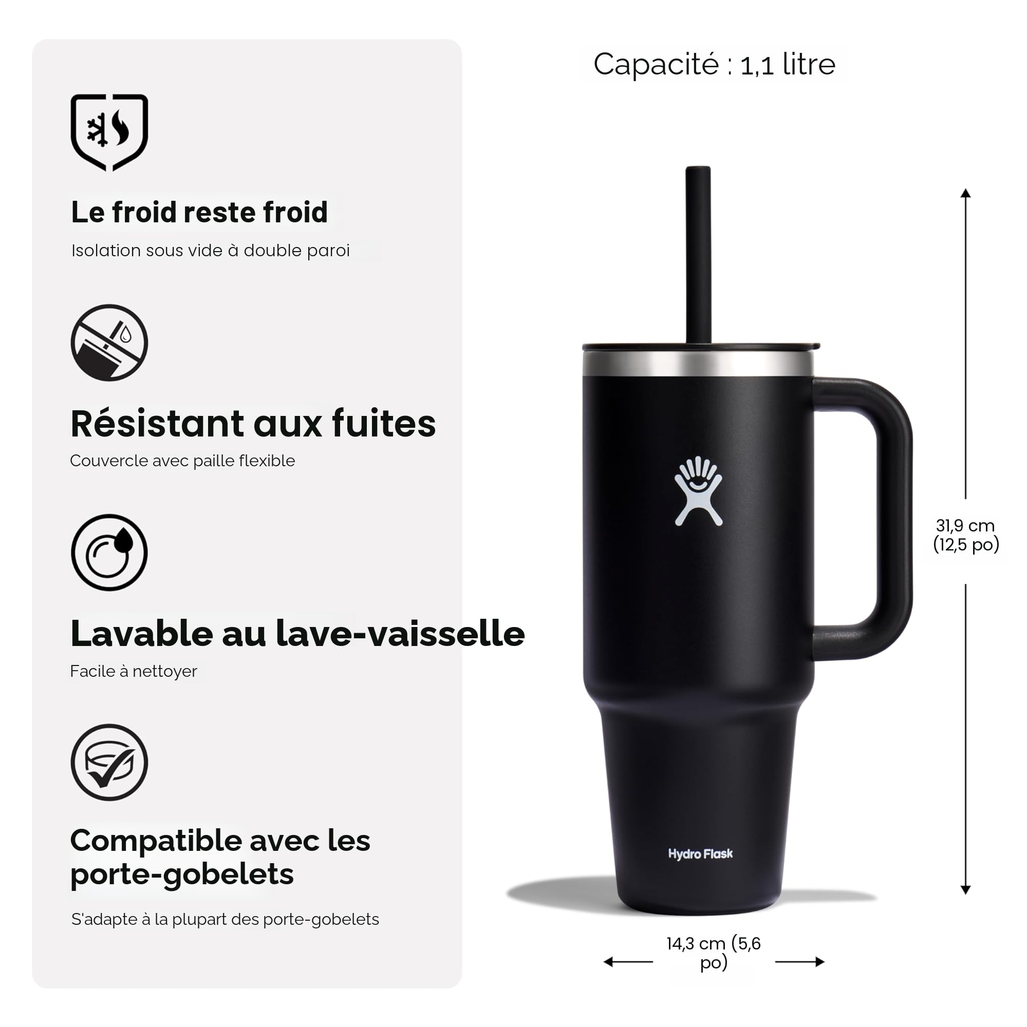 Hydro Flask - Travel Tumbler - Gobelet de voyage 1180ml (40 oz) avec couvercle à paille pressé refermable - Acier inoxydable - Couvercle résistant aux éclaboussures - Black