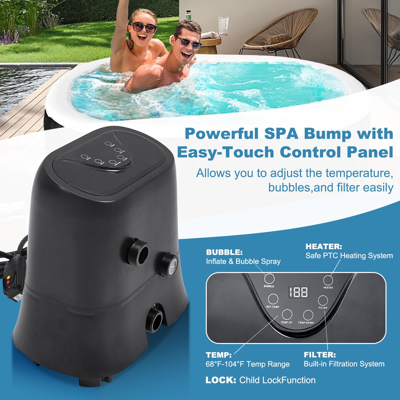 Whirlpool Outdoor Aufblasbar mit Licht 2 Personen 190x120x63.5cm Hot Tub Mit LuftdüSen, Isoliertem Deckel, Matte Und Heizungspumpe In-Outdoor SPA Pool Kreisen (2-Personen-Ellipse mit Licht)