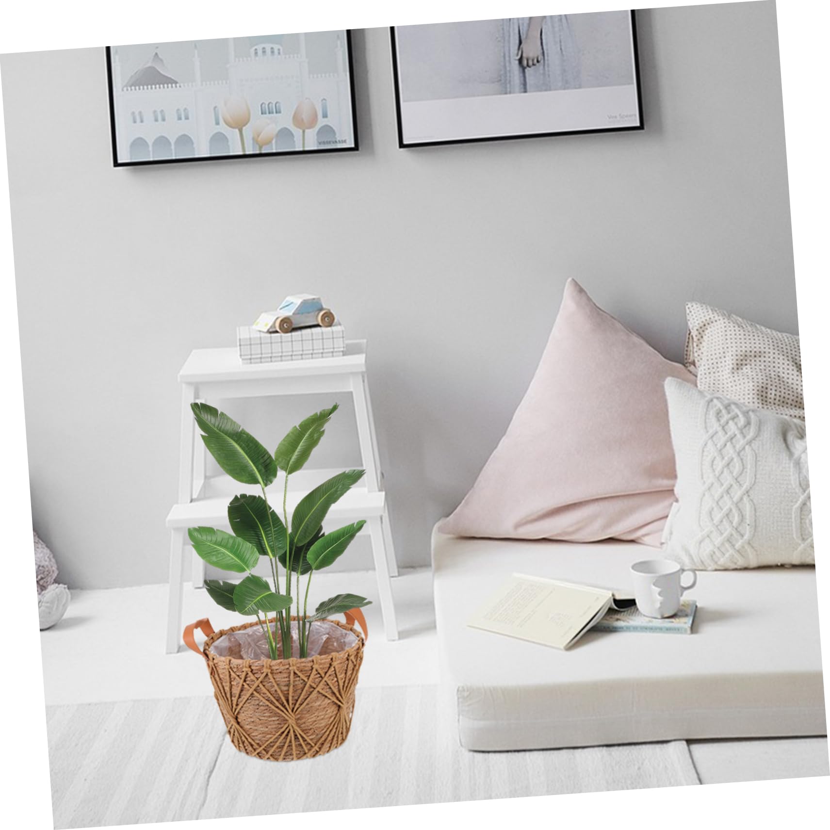 Happyyami Panier à Fleurs Tissé Main en Paille, Jardinière Ronde Multi-Usage pour Plantes D'intérieur, Salon et Chambre, Décoratif et Pratique