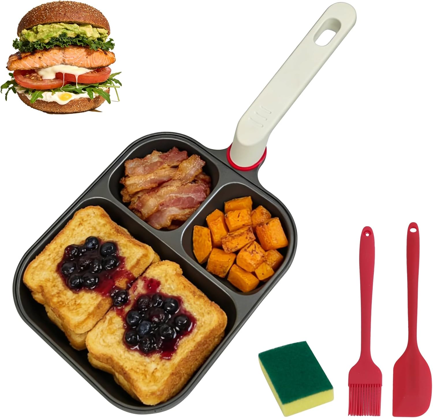 Nkove 3-In-1 Titanium Divided Nonstick Egg Pan, Breakfast Skillet with 2 Round+1 Square Compartment for Egg Bacon Pancake, Even Heat, Gas & Induction Cooktop Compatible