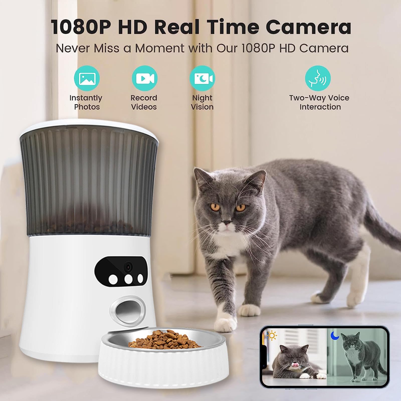 Comedero Gato Automatico WiFi, 6L con Cámara 1080P, 2.4G WiFi con App Video Audio Visión Nocturna Dispensador De Comida para Perros, Dispensador Comida Gato