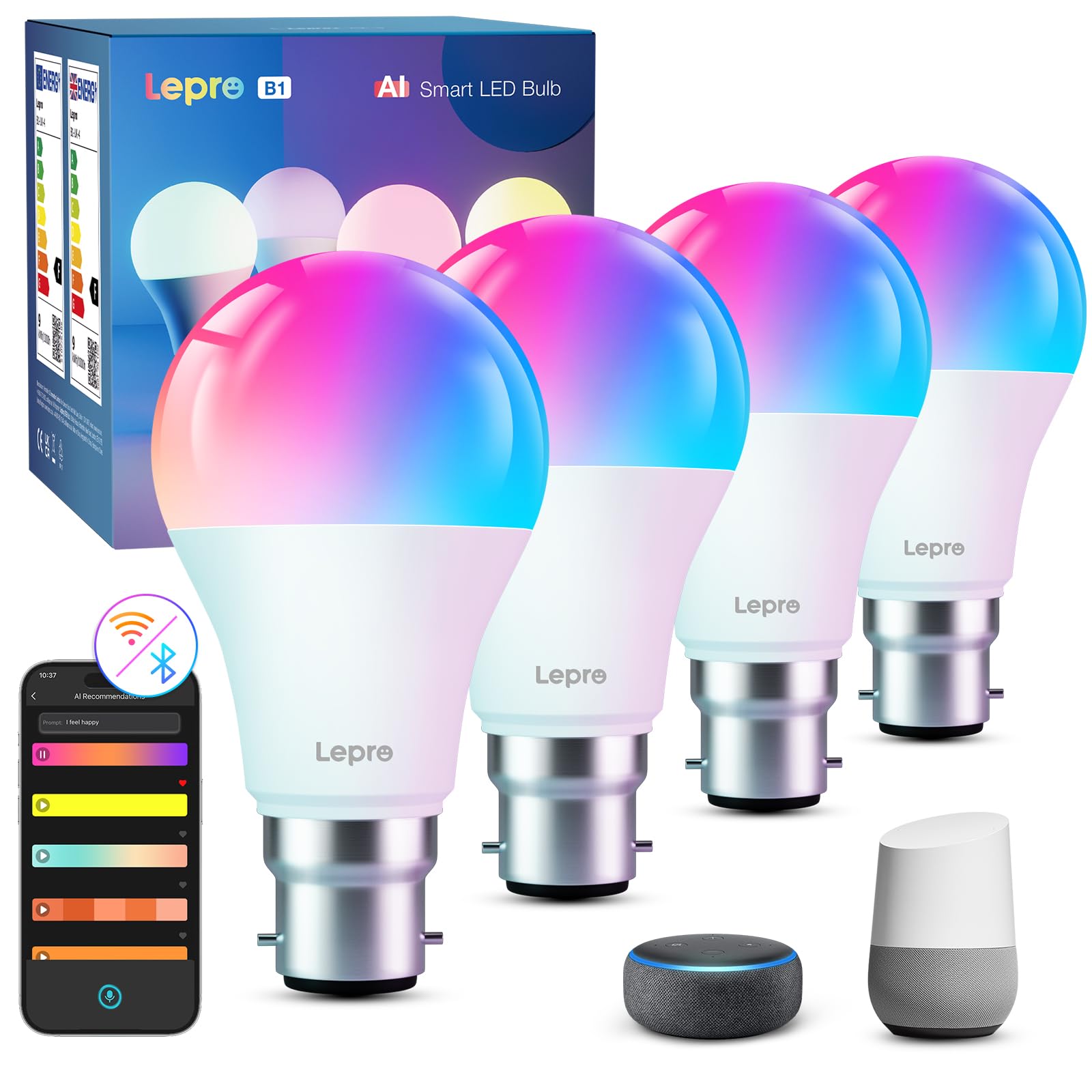 Lepro Lepro B1 AI Smart Bulb Bayonet, Music Sync B22 WiFi Bulbs, Voice Control, AI Lighting Design Assistant, Bluetooth Colour Changing Light Bulb,Work with Alexa & Google Assistant,RGBCCT Dimmable,4 Packs