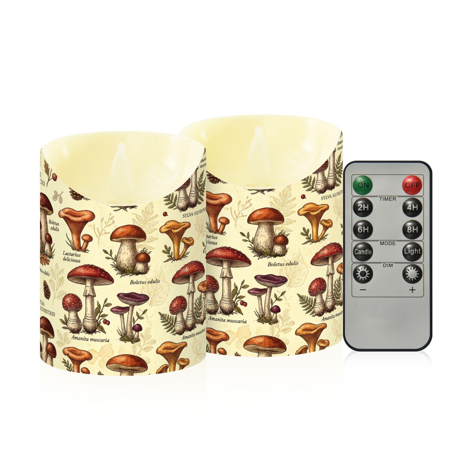Cgiub Mushroom Flameless Candles with Timer 2pcs Battery Operated Flickering Flameless LED Pillar Candles for Holiday Home Wedding Fireplace Decor