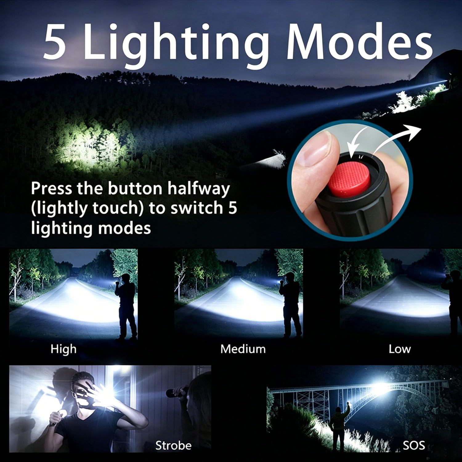 KZK Linterna LED táctica Zoomable, 2000 lúmenes altos, luz de flash de mano, 5 modos de luz (alto/medio/bajo/estroboscópico/SOS), resistente a la lluvia, linterna de clip portátil para camping