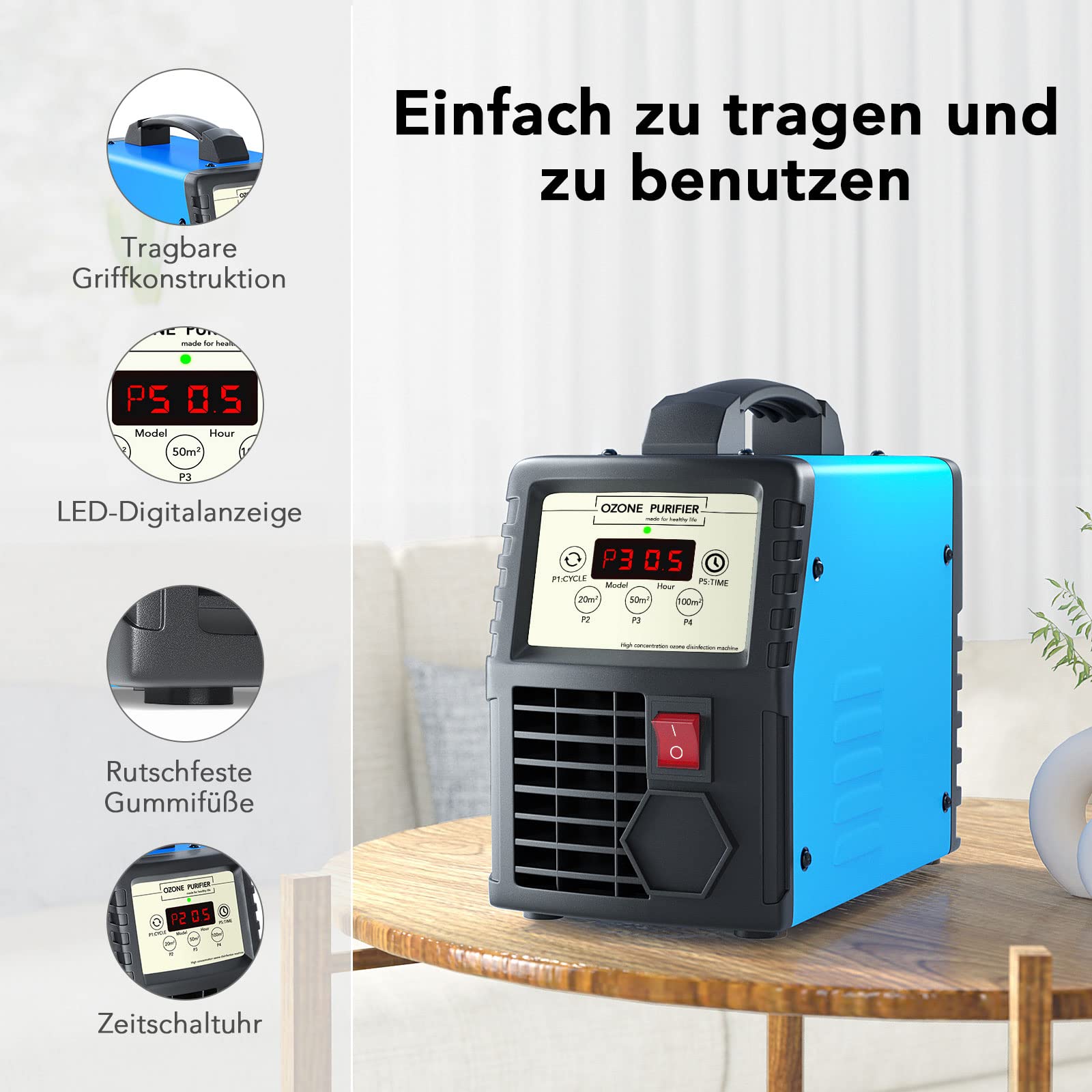 Ozongenerator, Luftreiniger Desodorierer für 300㎡, Ozongerät Geruchskiller mit Timer für Rauch, Zimmer, Garagen, Bauernhöfe, Hotels, Haustiergerüche, Küchengerüche