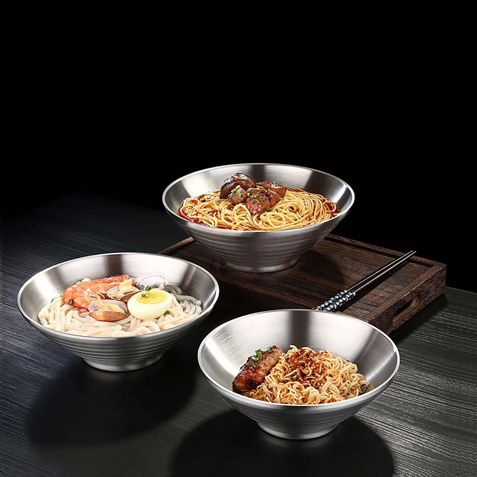 Lot de 2 grands bols japonais de 24cm x 8.5cm, avec cuillères et baguettes assorties, bol à ramen en acier inoxydable 18/10, grands bols à soupe asiatique, bol Udon épais