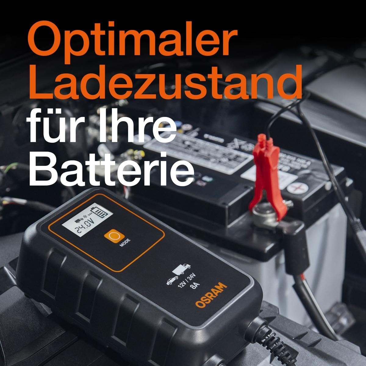Osram BATTERYcharge 908, 8A Chargeur de Batterie et Entretien de Batteries pour Voitures, Motos, SUV, camionnettes, Petits camions (12V/24V) | pour Voitures, Motos, SUV, camionnettes, Petits camions (12V/24V)