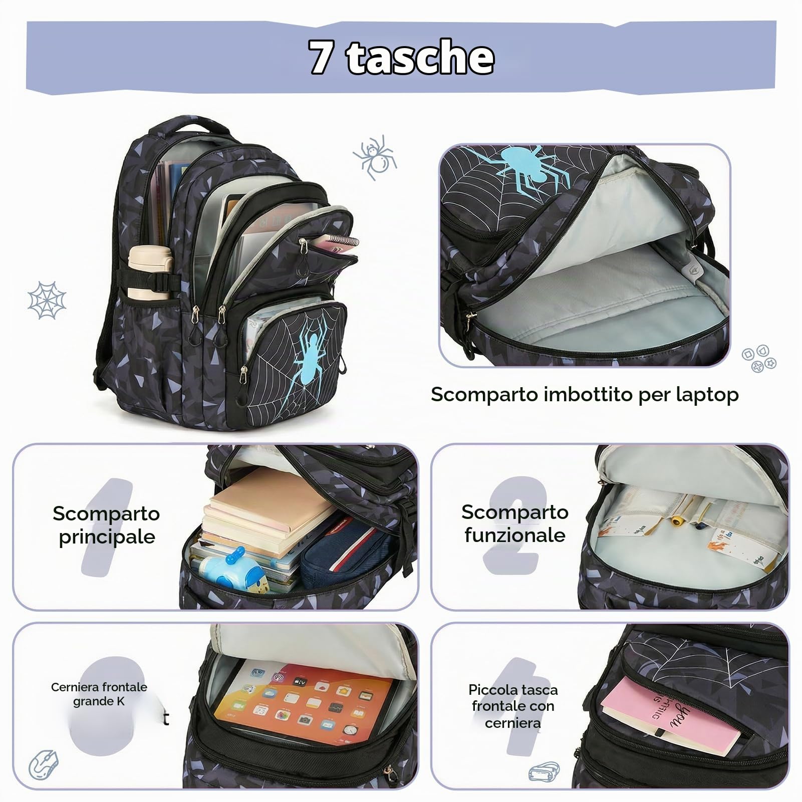 Zaino Scuola Elementare Bambino Fosforescente, Zaini Grande per Ragazzi Adolescenti, Zaino Medie Ragazzo Casual Traspirante e Impermeabile da Viaggio, Nero