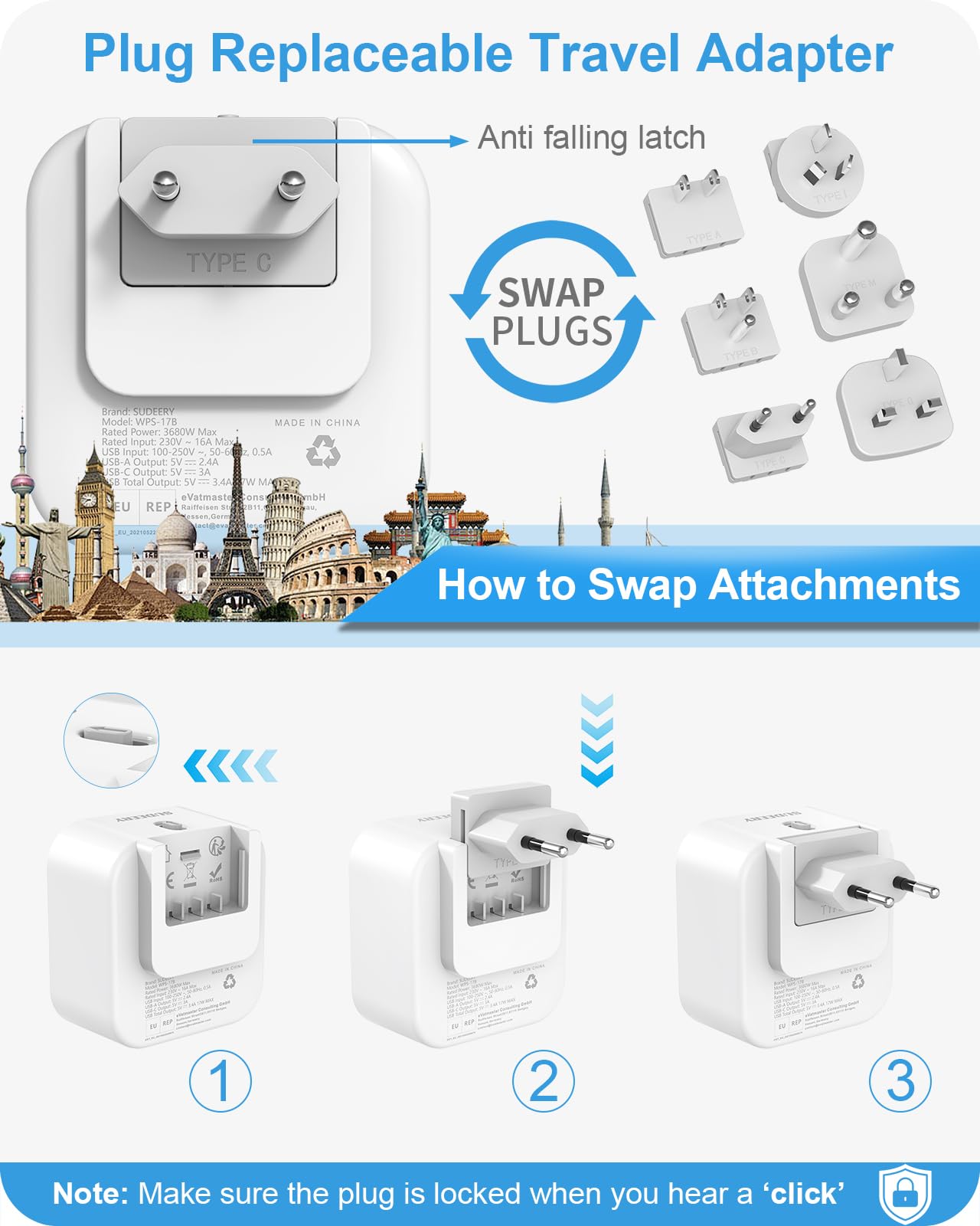 Reisadapter Japan Adapter, 2-voudige Stekkeradapter met 4 USB-poorten (2 A 2 C), EU naar Japan/USA Adapter Type A Geschikt voor VS, Japan,China, Thailand, Cuba, Canada-Wit