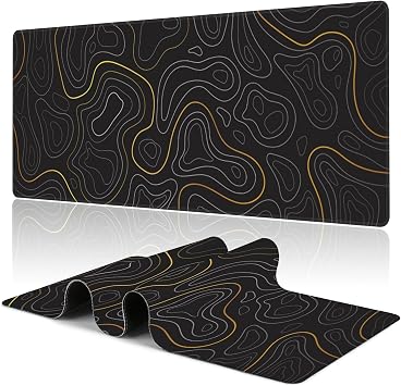 Black Topographic Mountain Gaming Mouse Pad - 31.5"X15.7" Extended Gaming Mat with Stitched Edge Non-Slip Base for Office Keyboard Laptop