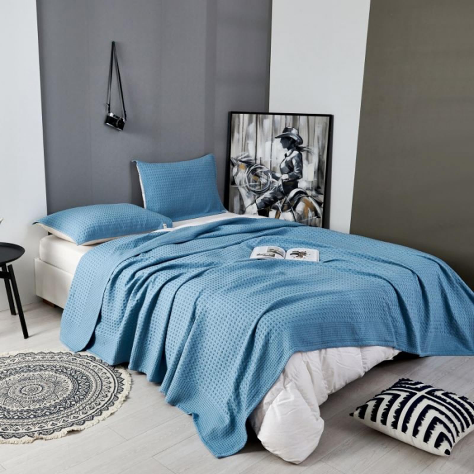 Couvre-lit en gaze de coton premium bleu, douceur gaufrée 100x150