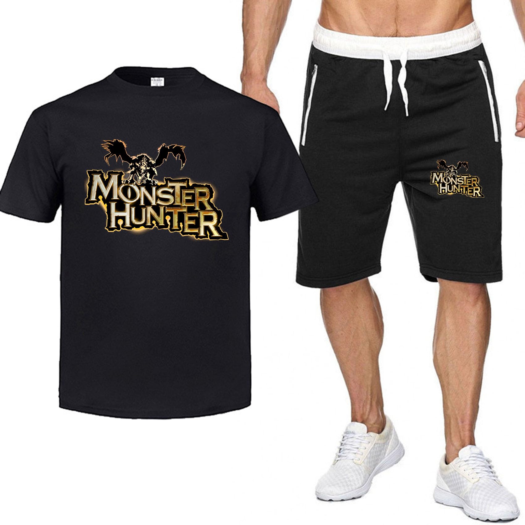 Tute da uomo 2 pezzi Set per Monster Hunter T-shirt e pantaloncini da spiaggia estivi Completi in cotone per il tempo libero Pantaloni sportivi da corsa Tuta da jogging