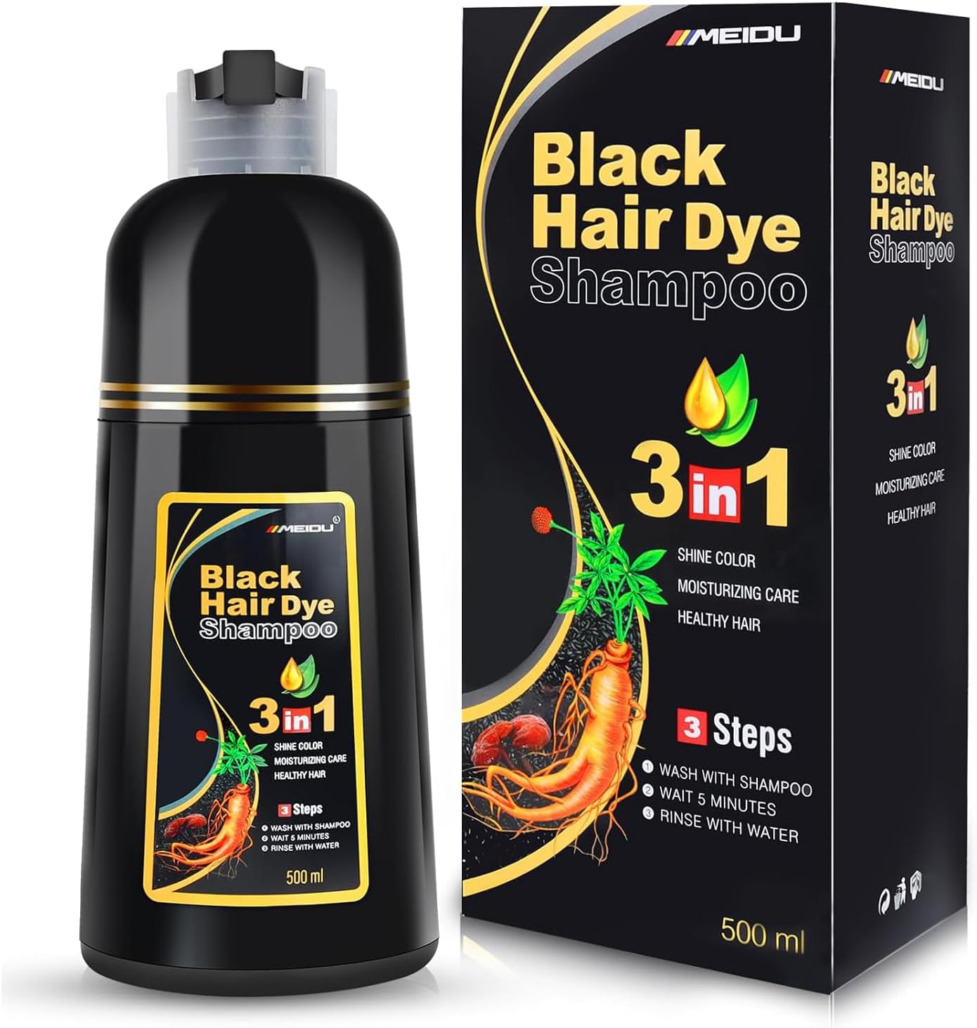 IIIMEIDU Black Hair Dye Shampoo 3 in 1 for Gray Hair, Herbal Ingredients Shampoo Black Hair Dye for Women Men, Grey Coverage Shampoo 500ml
