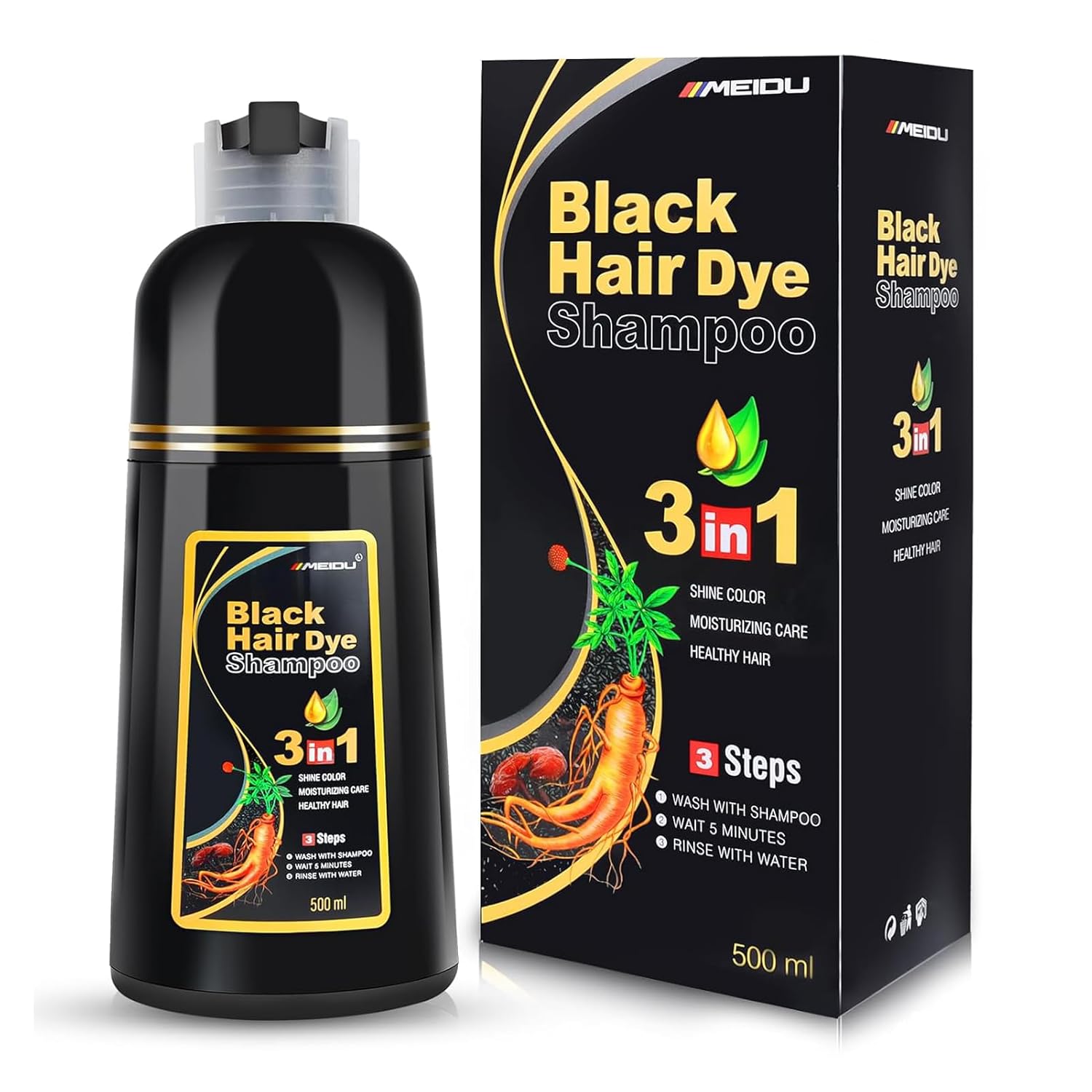 IIIMEIDU Black Hair Dye Shampoo 3 in 1 for Gray Hair, Herbal Ingredients Shampoo Black Hair Dye for Women Men, Grey Coverage Shampoo 500ml