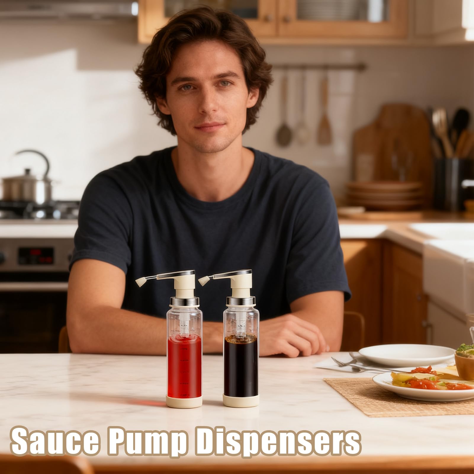 Distributeur De Ketchup - Bouteilles De Condiments 1050 G | Verre 2 Pièces Rechargeable Avec Pompe | Récipient Vinaigrette Sirop Café Glacé Liquide Pour Cuisine Restaurant Camping Stockage Sirop Miel