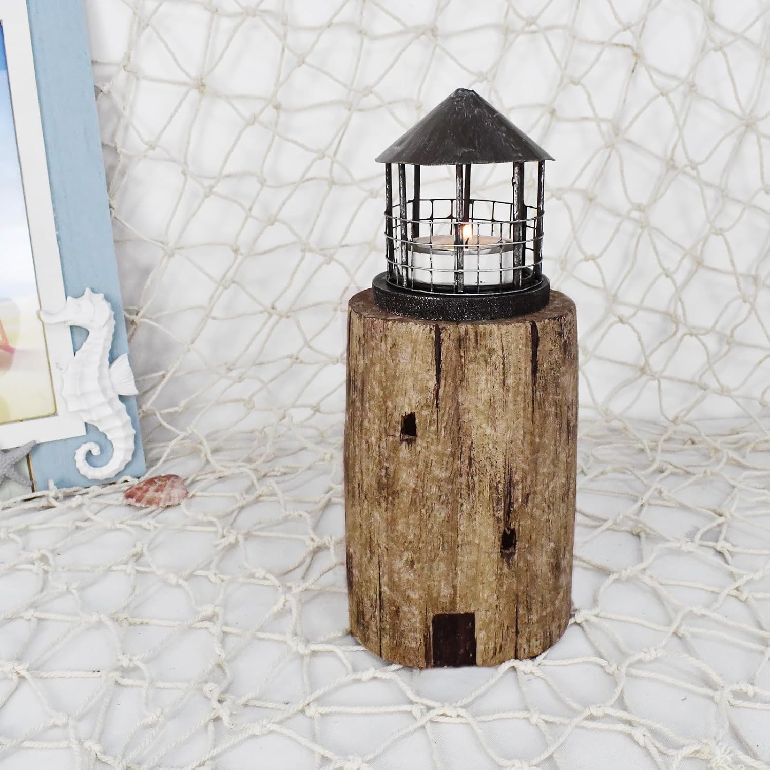 Linfevisi Wooden Lighthouse Candle Holders Decorative Tea Light Holder Ocean Beach Nautical Coastal Mini Standing Lighthouses Figurines Rustic for Home Decor Bathroom Table Party Wedding 10 Inches