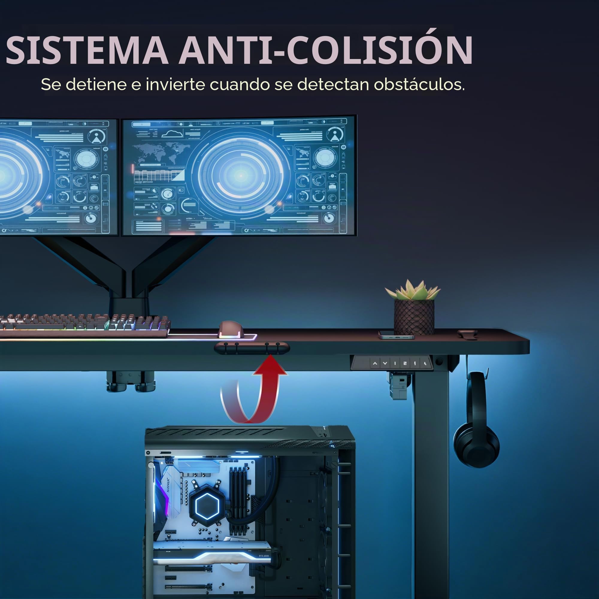 SANODESK QS-Gaming Escritorio Elevable Eléctrico 200x80 cm, Regulable en Altura, Control con Función de Memoria y Gancho, Negro