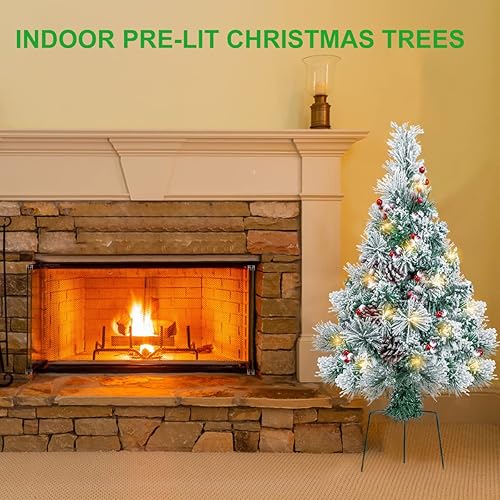 Miniatura 8 de Árbol de Navidad artificial de 2.5 pies para caminos al aire libre, preiluminado, nevado, árbol de Navidad, porche, pino, luces a batería, 8 modos