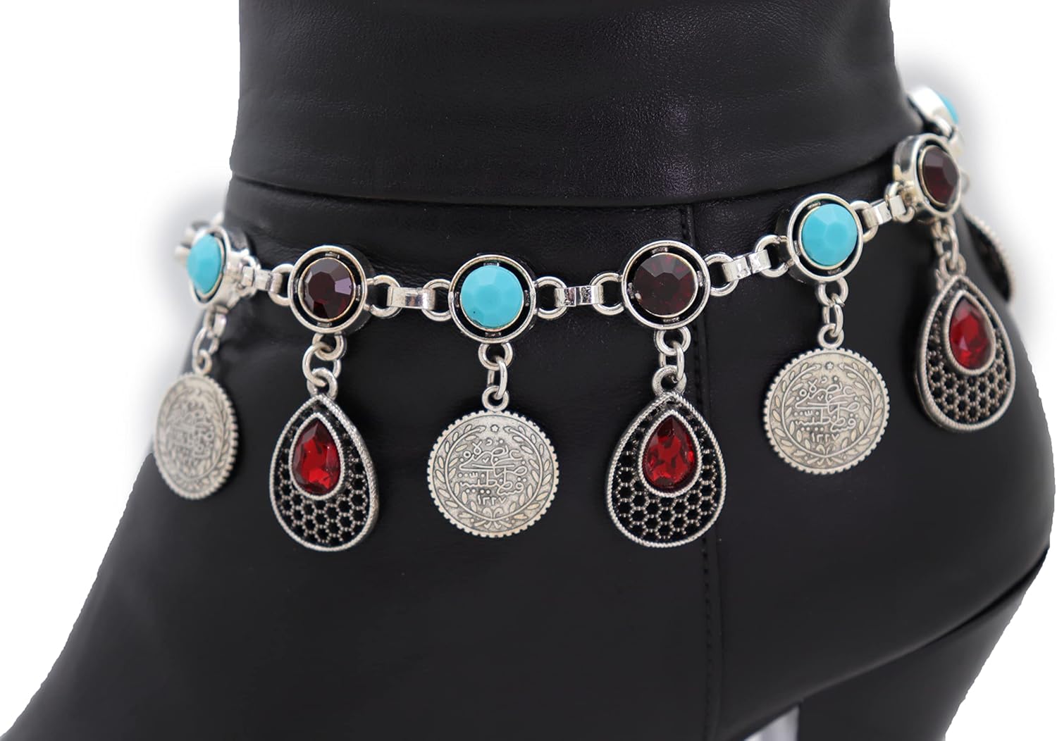 TrendyFashionJewelry Women Fashion Silver Metal Western Boot Bracelet Chain Shoe Anklet Ethnic Coin Water Drop Charms