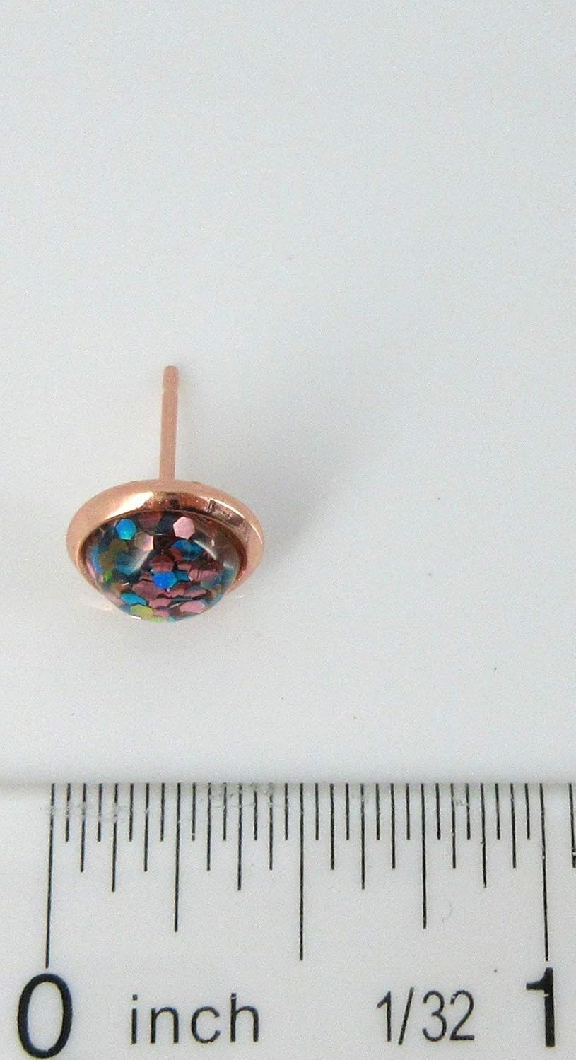 Rose Gold-tone Aqua Blue Silver and Pink Glitter Resin Stud Earrings 8mm - Image 5