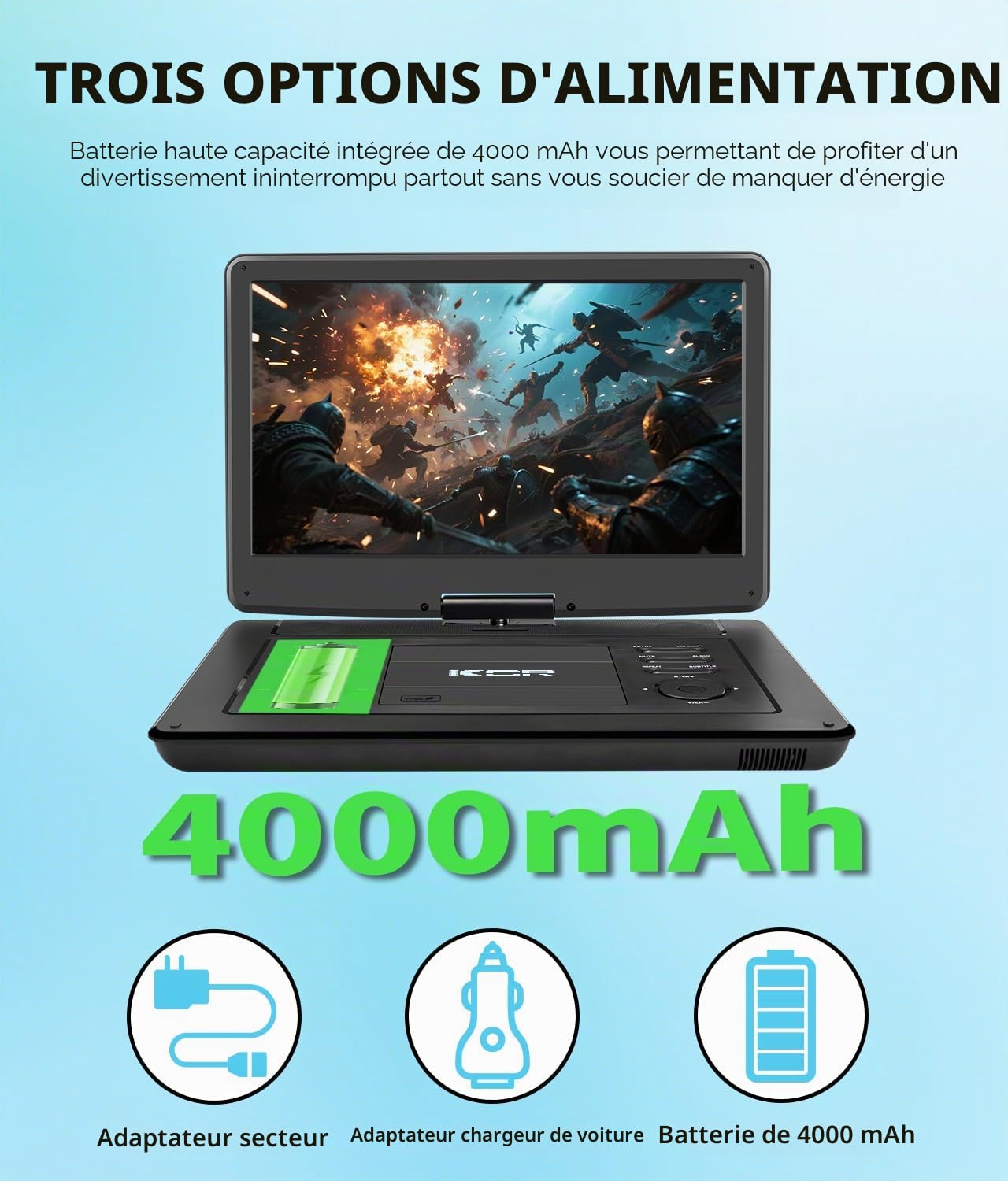 KCR Lecteur DVD portable 15,6 pouces écran LED DVB-T2 batterie rechargeable USB HDMI AV audio