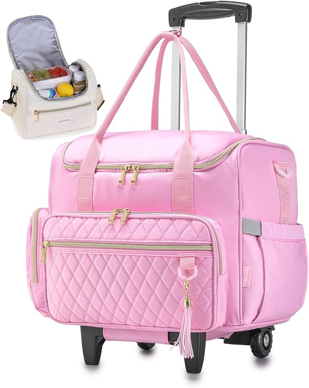 Bolsa rodante para portátil de 17,3 pulgadas con bolsa de almuerzo aislada, maletín rodante impermeable 3 en 1 con ruedas para mujer