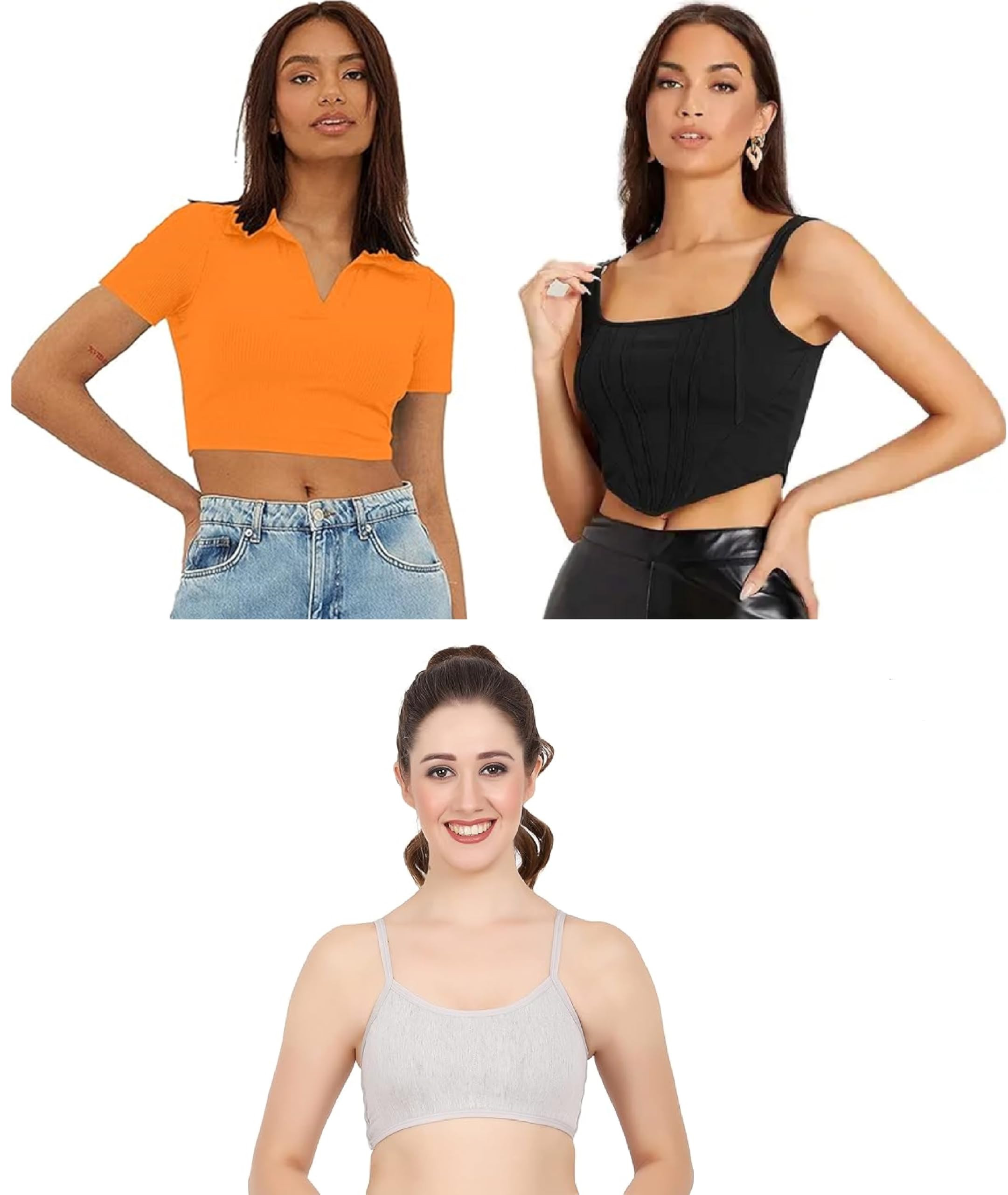 Cotone tinta unita, scollo quadrato, regolare/rilassante, corto, alla moda, alla moda, top corto alla moda a forma di V frontale, maglietta top, grazioso reggiseno a 6 pati per ragazze e
