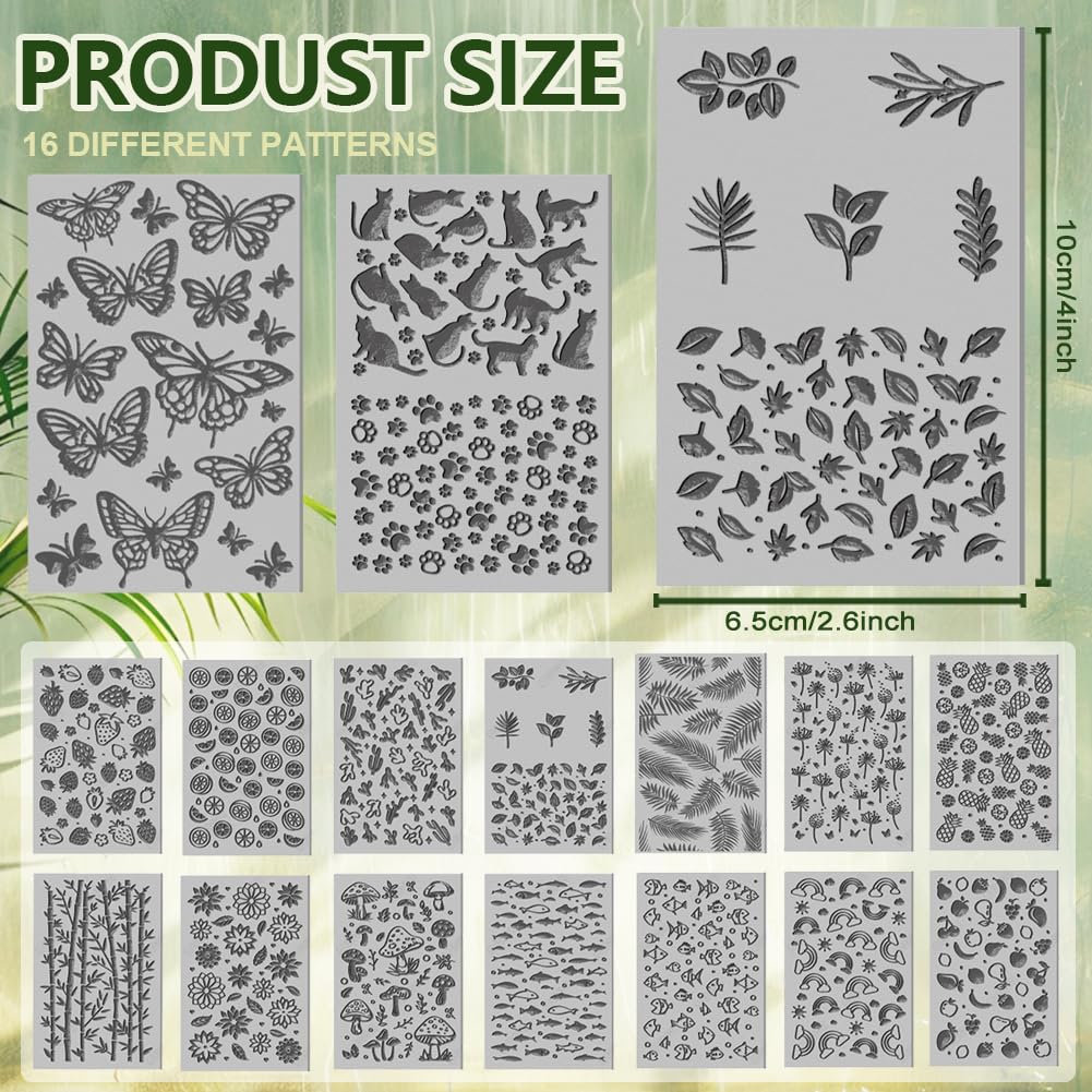CHGCRAFT 16 Sheets 16 Styles Butterflies and Cats Polymer Clay Texture Mat Clay Modeling Mushrooms Dandelions Pad Leaves Fruits Texture Sheets for Polymer Making Earrings Jewerly Tools 4×2.6 inch - Image 2