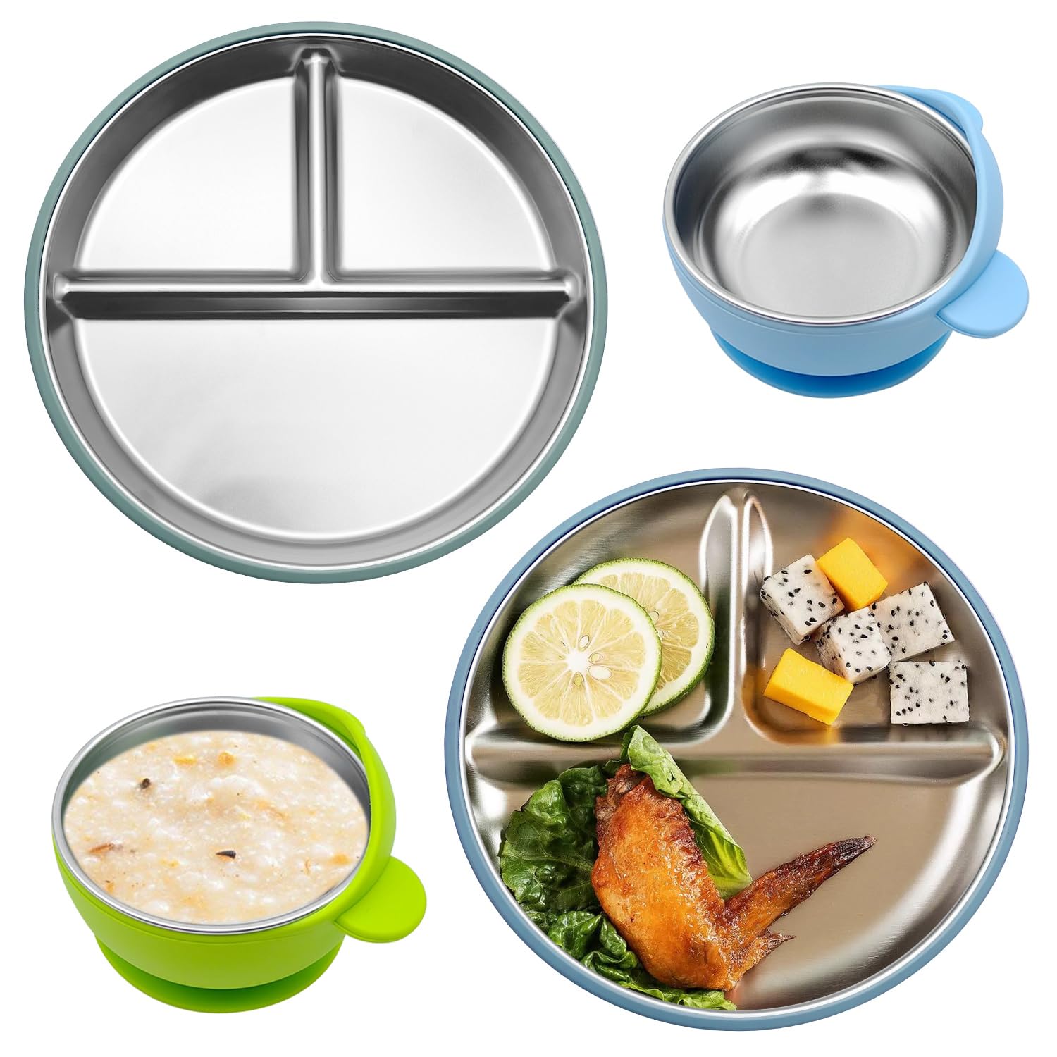 4 Pièces, Assiette Bebe Ventouse et Bols pour Bébé, en Acier Inoxydable et Silicone, Résistants aux Chutes, Lavables au Lave-Vaisselle, Adaptés aux Bébés et aux Enfants (Bleu et Vert)